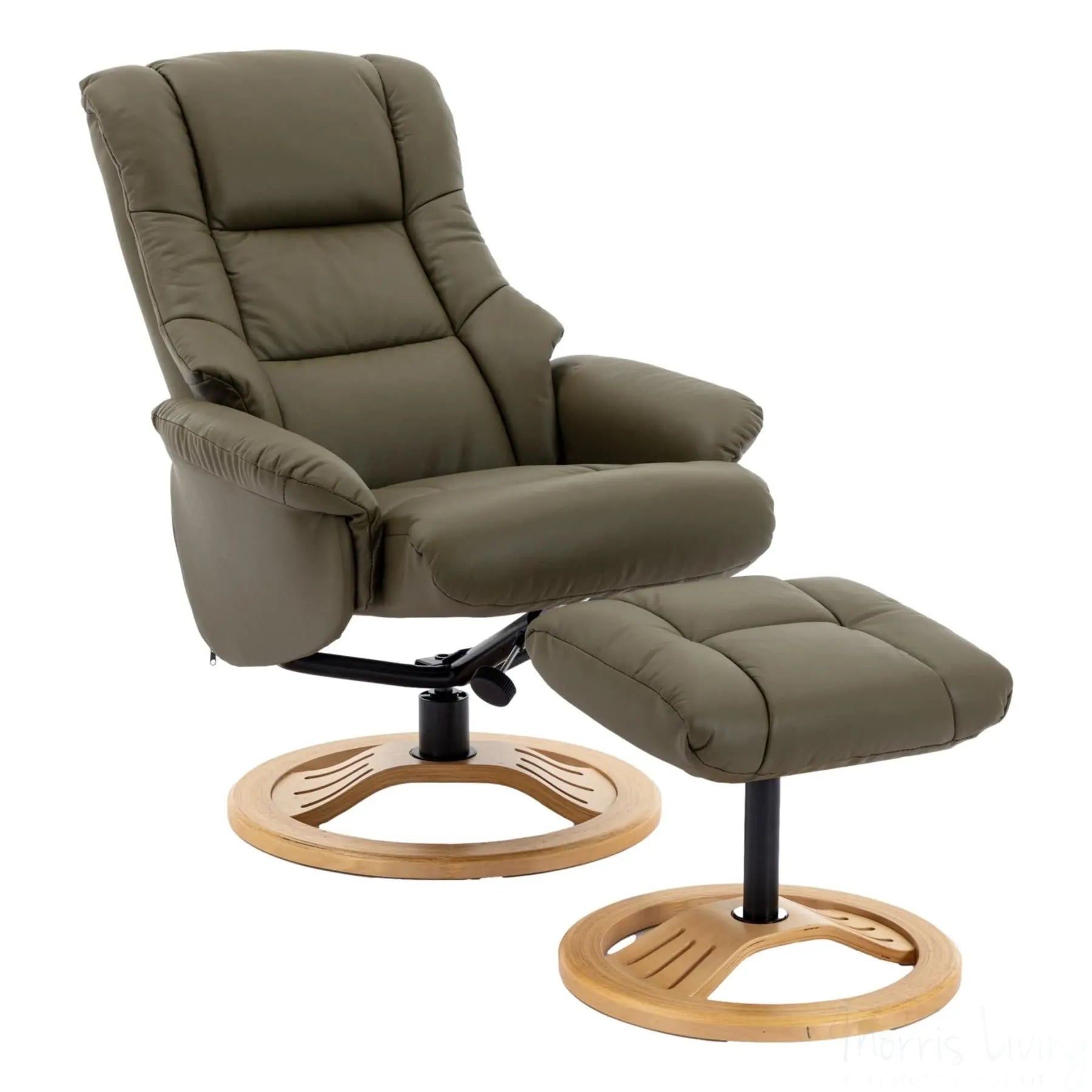 The Mandalay Swivel Recliner Chair & Footstool in Olive Green Genuine Leather Morris Living
