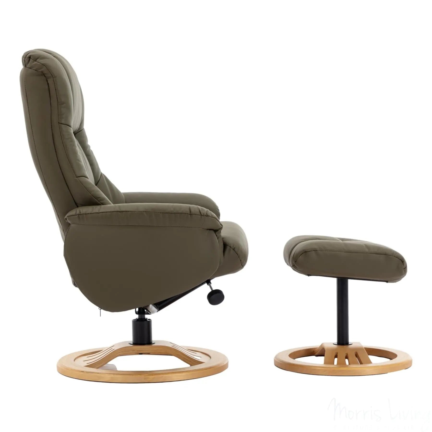 The Mandalay Swivel Recliner Chair & Footstool in Olive Green Genuine Leather Morris Living