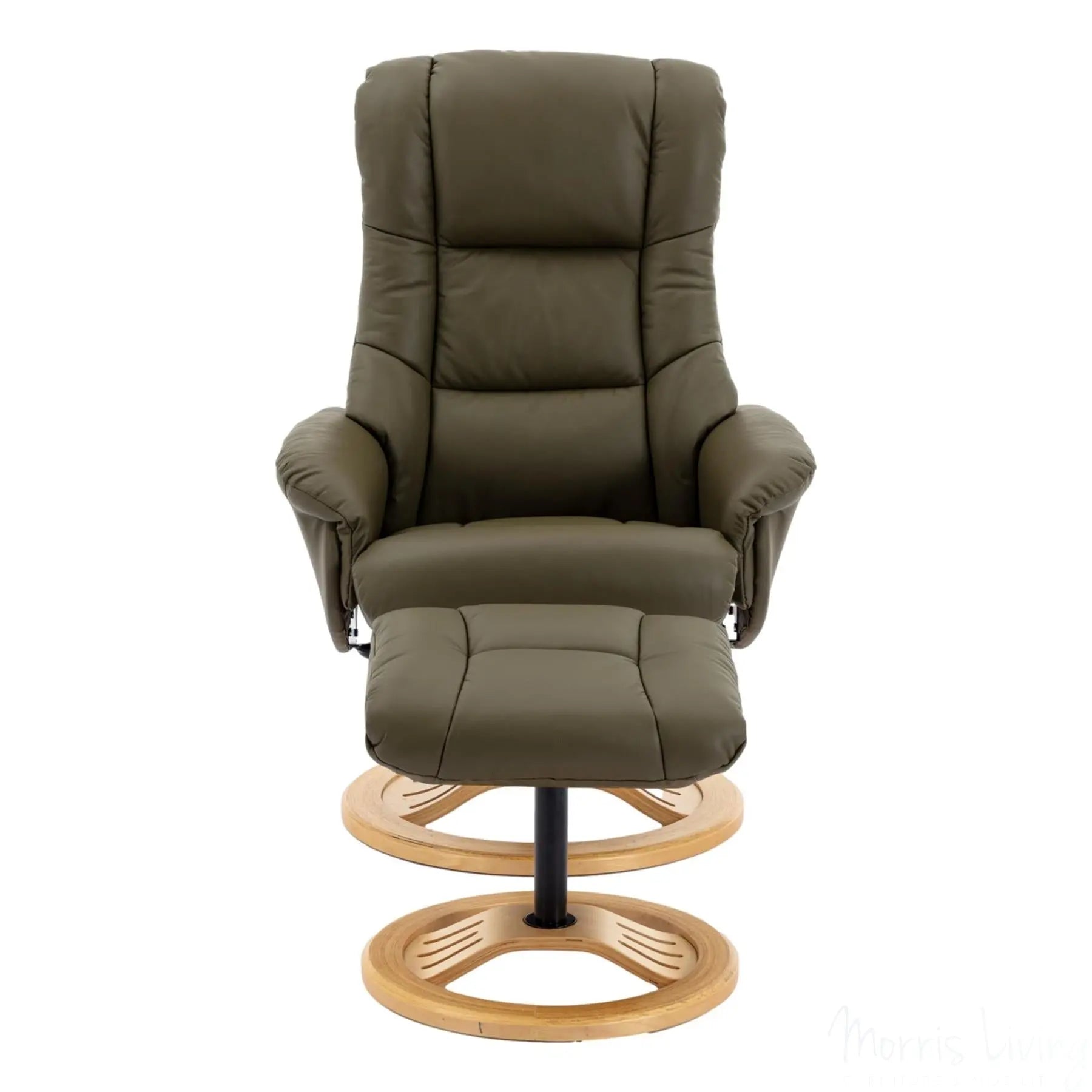 The Mandalay Swivel Recliner Chair & Footstool in Olive Green Genuine Leather Morris Living