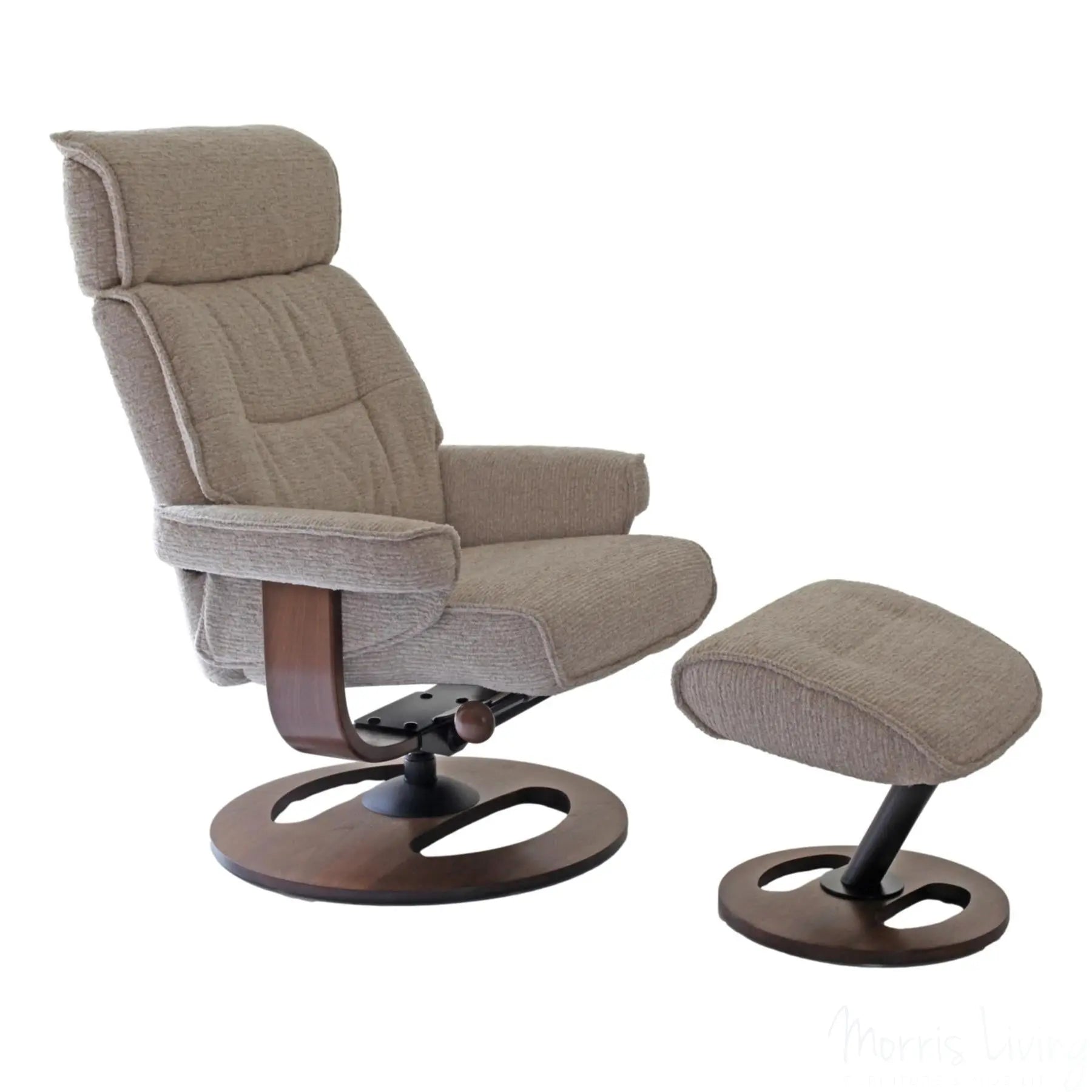 The Newton Swivel Recliner Chair & Matching Footstool – Mink Fabric Morris Living