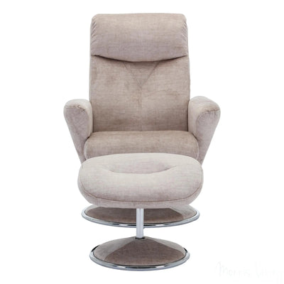 The Paddington - Swivel Recliner Chair & Matching Footstool in Champagne Fabric Morris Living
