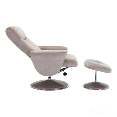 The Paddington - Swivel Recliner Chair & Matching Footstool in Champagne Fabric Morris Living