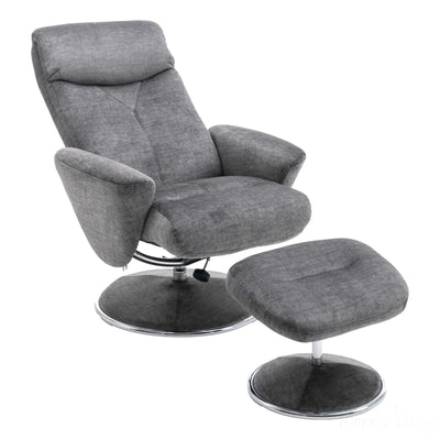 The Paddington - Swivel Recliner Chair & Matching Footstool in Graphite Grey Fabric Morris Living