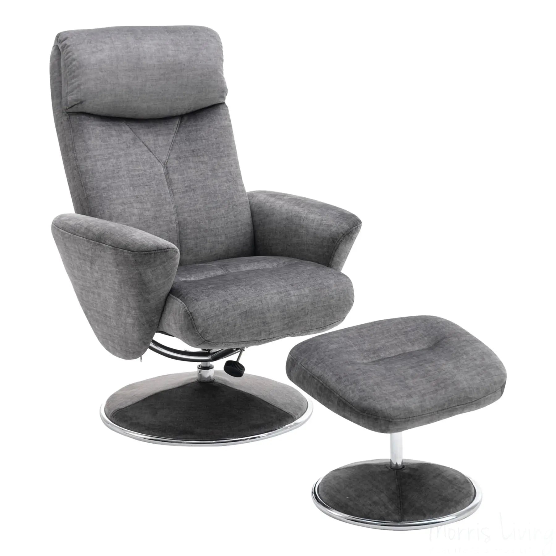 The Paddington - Swivel Recliner Chair & Matching Footstool in Graphite Grey Fabric Morris Living
