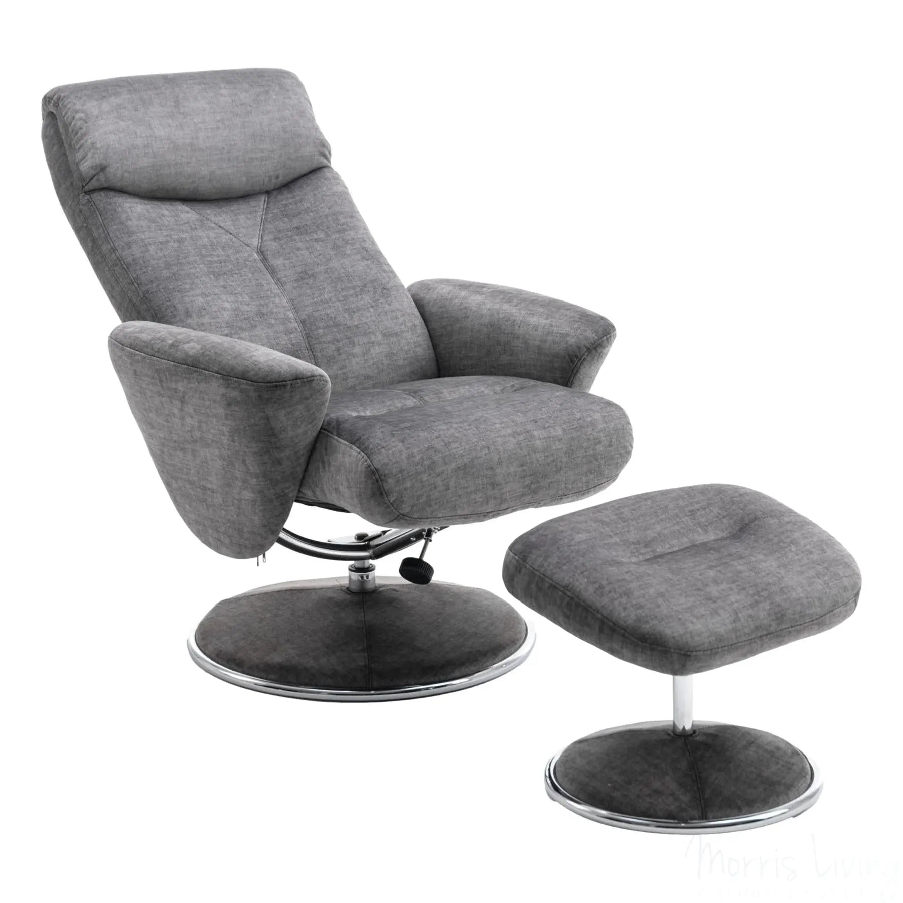 The Paddington - Swivel Recliner Chair & Matching Footstool in Graphite Grey Fabric Morris Living