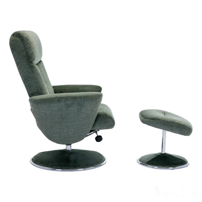 The Paddington - Swivel Recliner Chair & Matching Footstool in Moss Green Fabric Morris Living