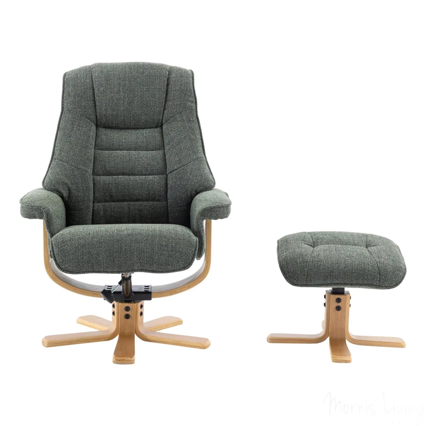 The Sardinia - Swivel Recliner Chair & Matching Footstool in Fern Fabric Morris Living