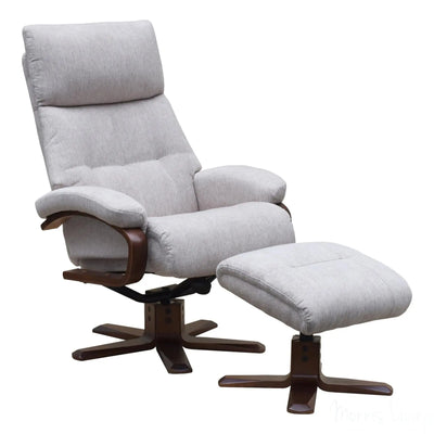 The Vienna - Swivel Recliner Chair & Matching Footstool in Beige Fabric Morris Living