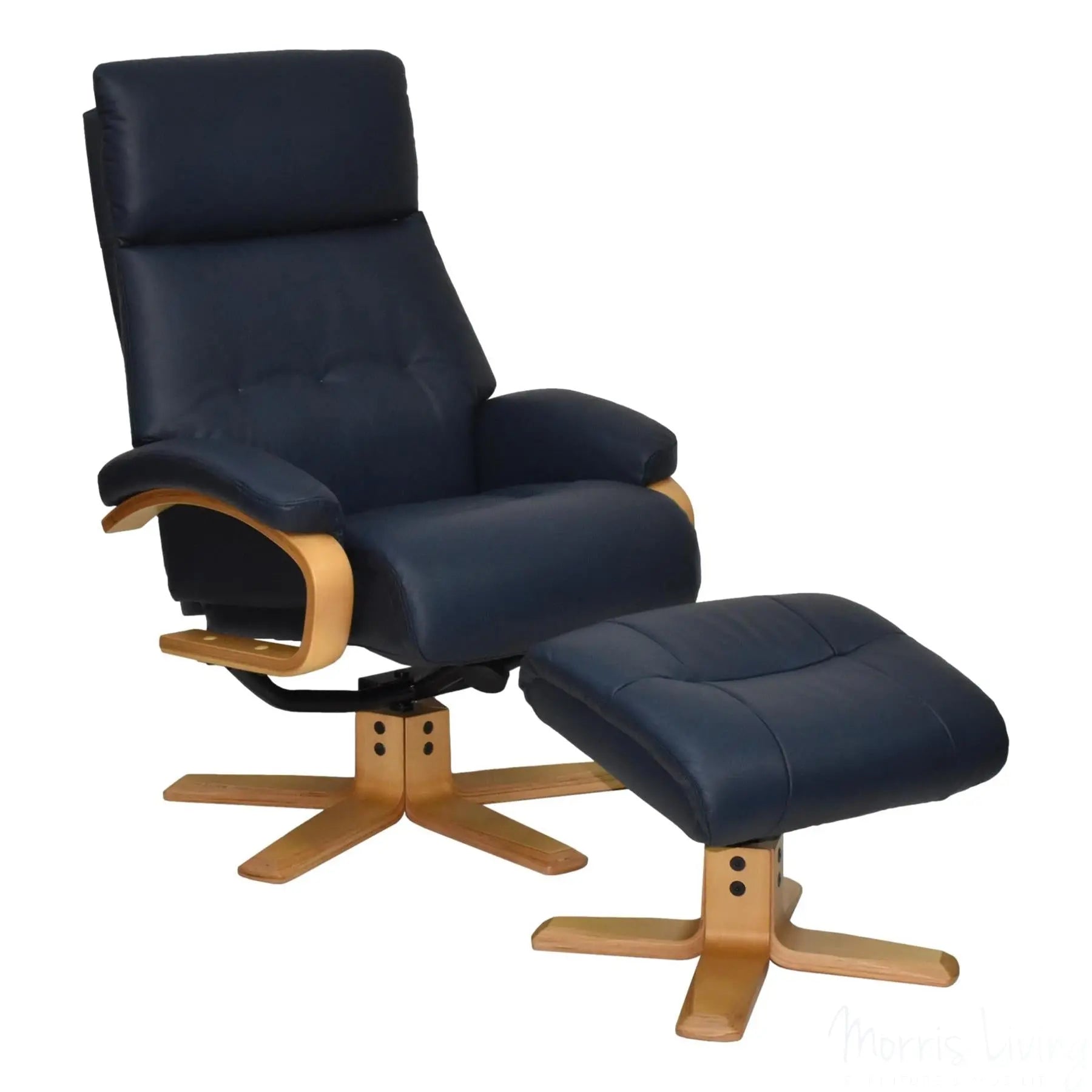 The Vienna - Swivel Recliner Chair & Matching Footstool in Navy Leather Morris Living