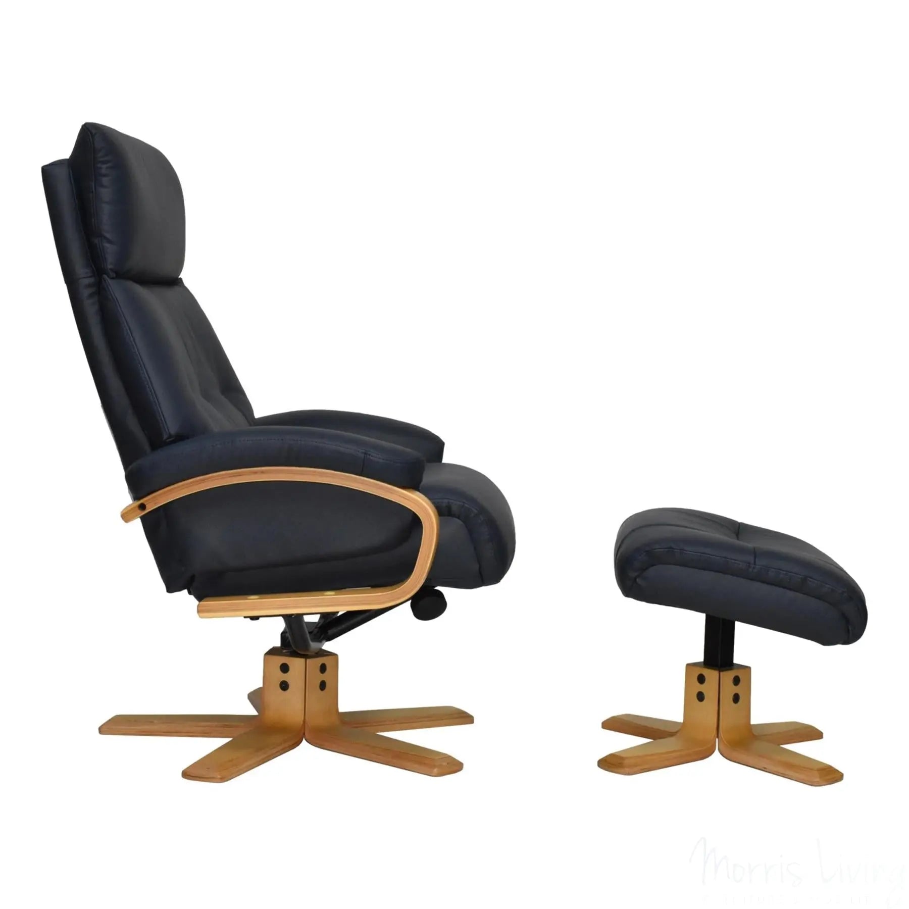The Vienna - Swivel Recliner Chair & Matching Footstool in Navy Leather Morris Living