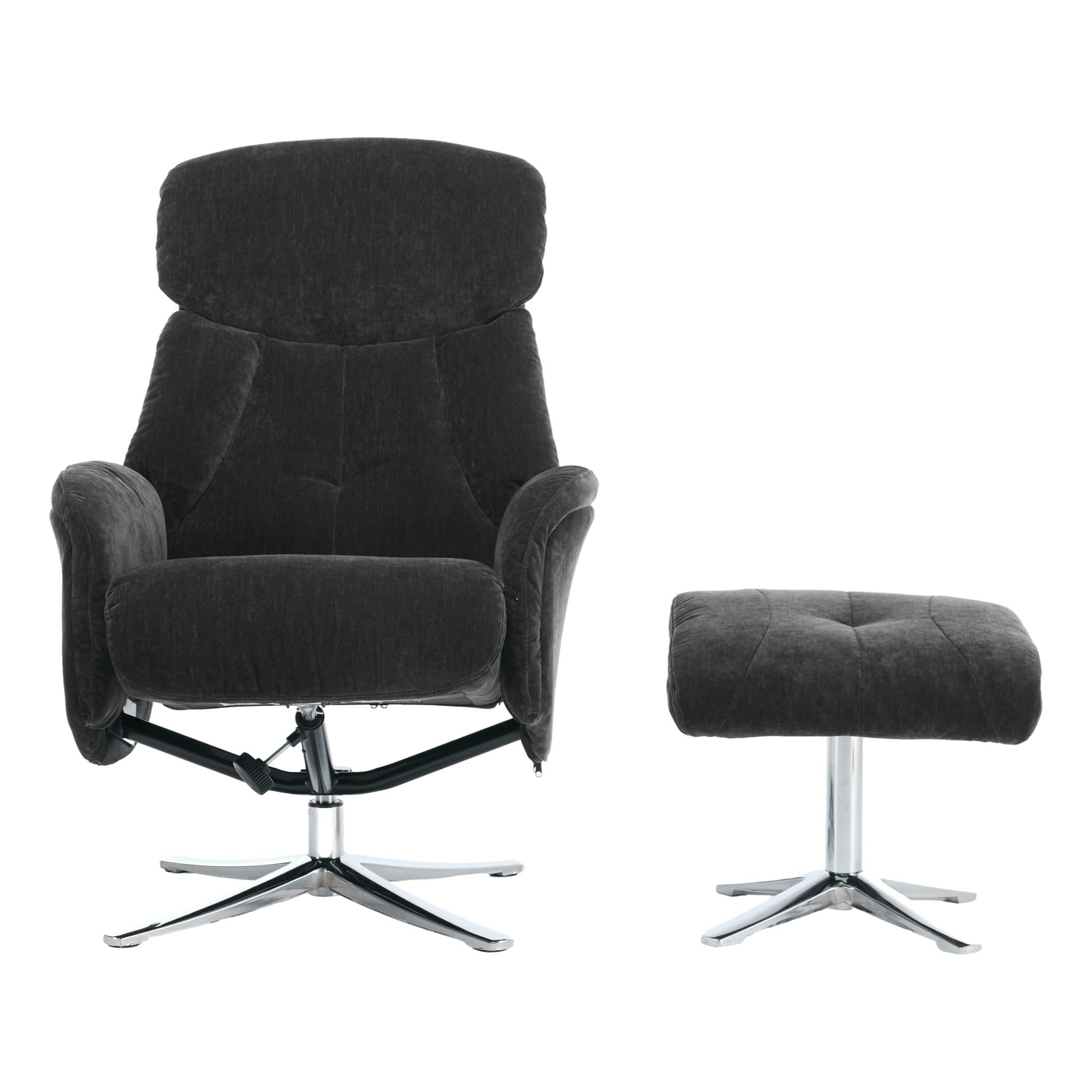 The Lucia Swivel Recliner Chair & Footstool in Black Fabric