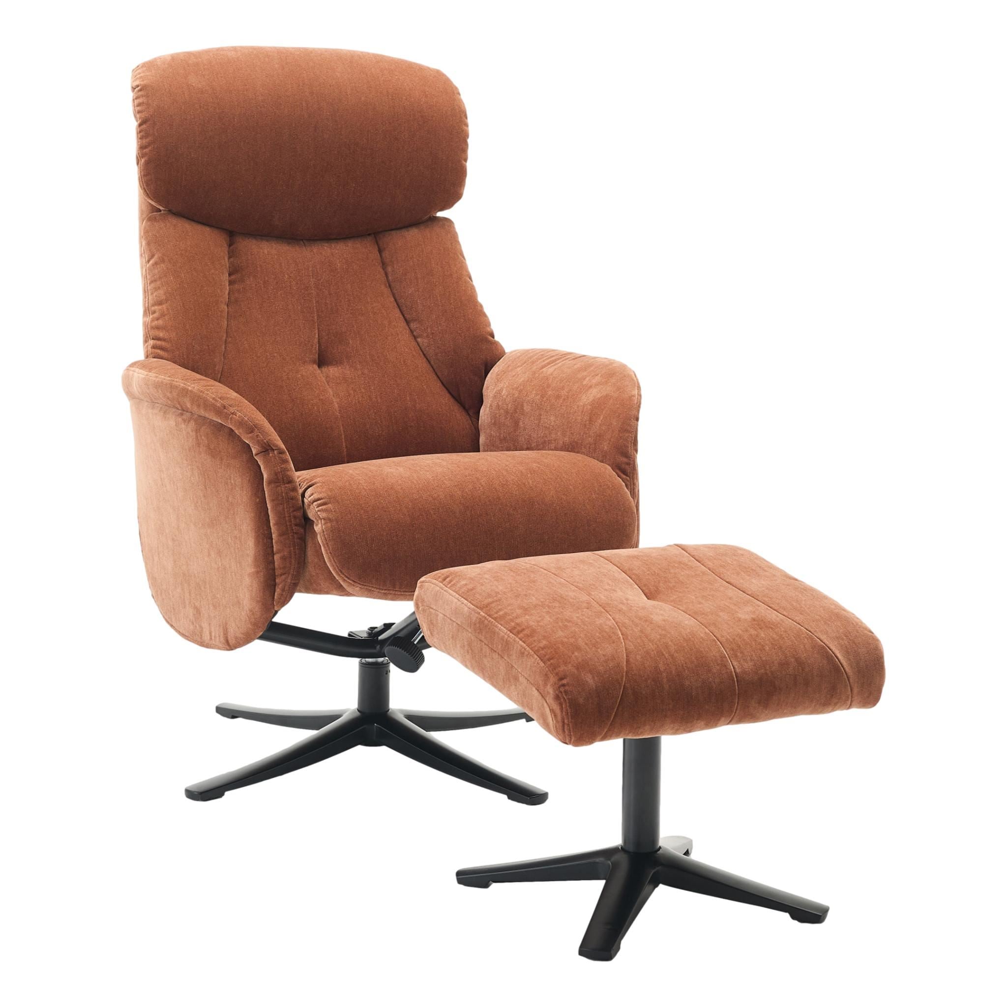 The Lucia Swivel Recliner Chair & Footstool in Caramel Brown Fabric