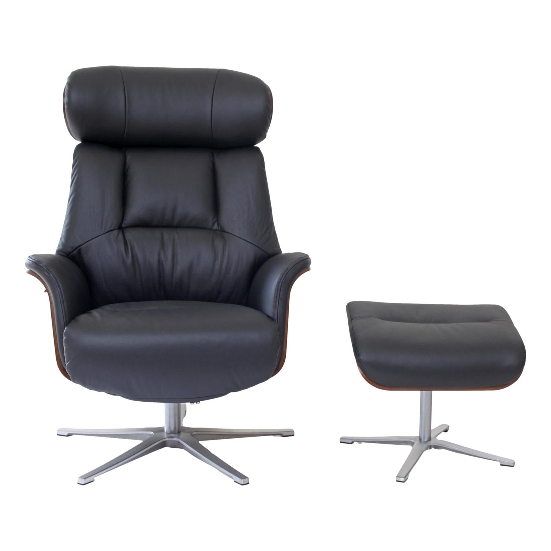 Stratford Swivel Recliner Chair in Genuine Black Leather with Matching Footstool