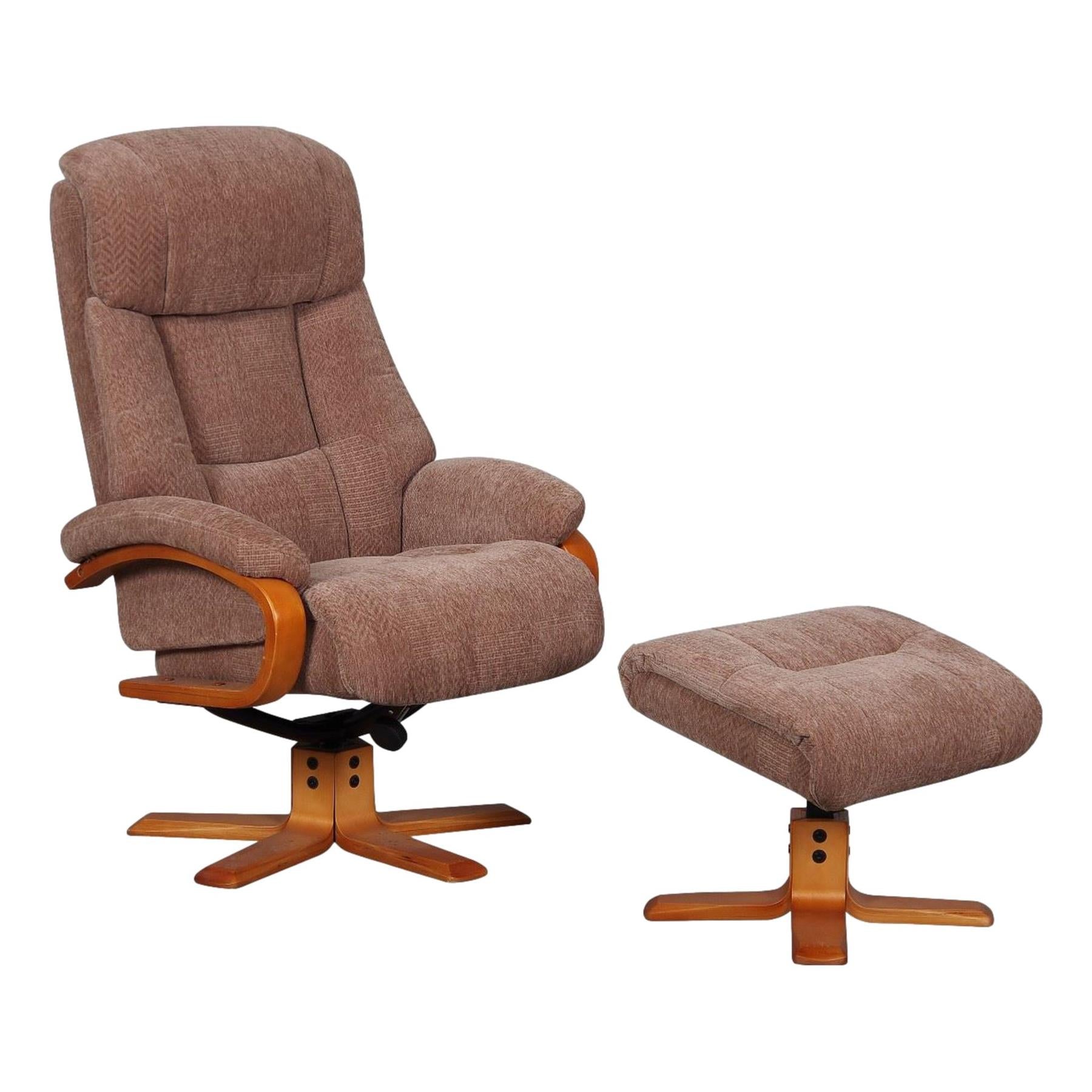 Elegant Fabric Swivel Recliner Chair and Footstool in Fawn/Cherry - Refurbished