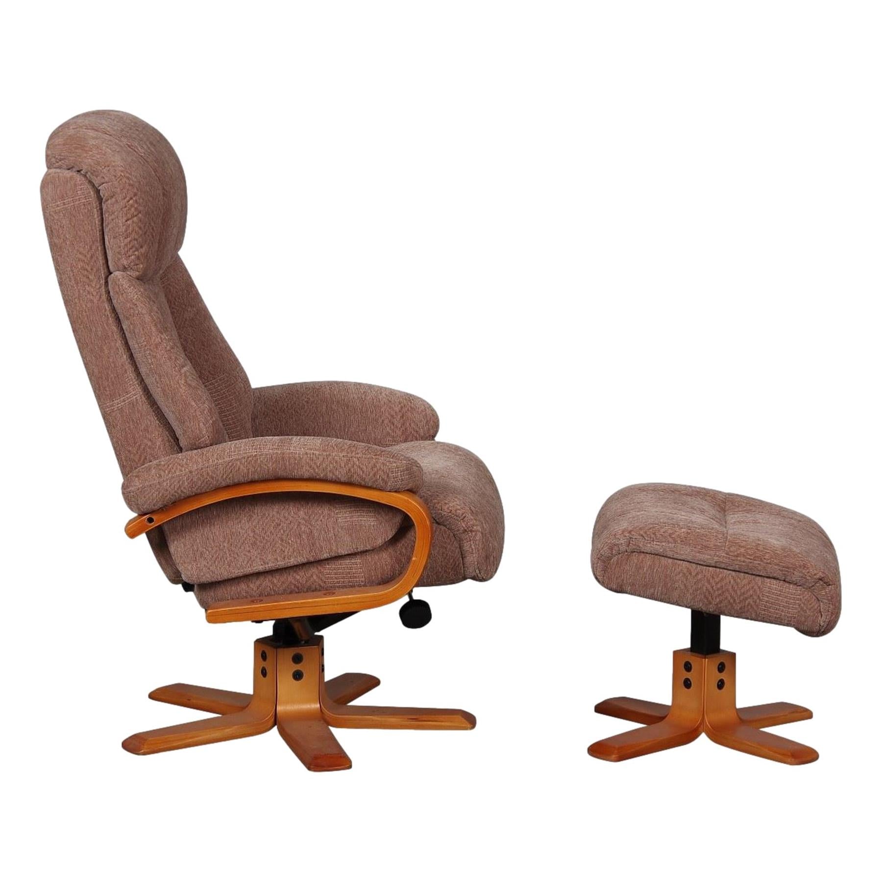 Elegant Fabric Swivel Recliner Chair and Footstool in Fawn/Cherry - Refurbished