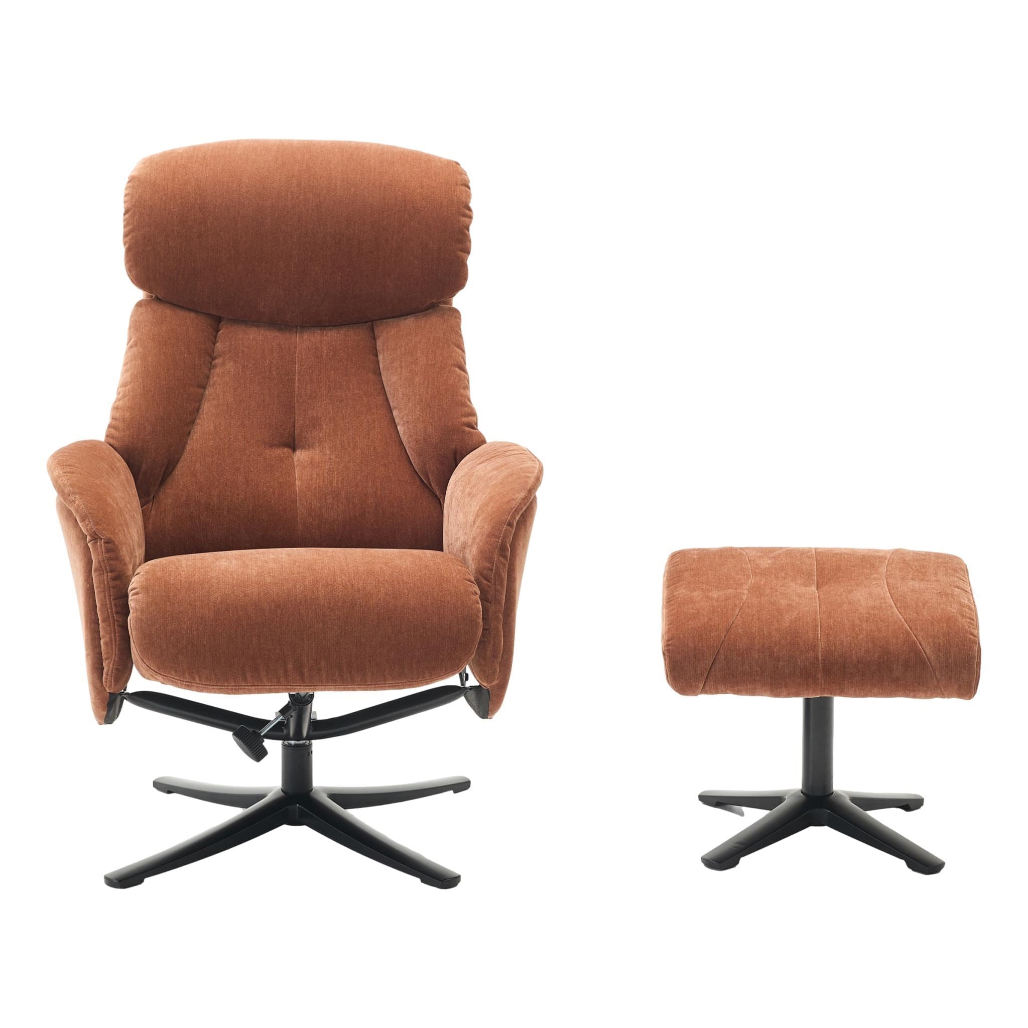 The Lucia Swivel Recliner Chair & Footstool in Caramel Brown Fabric