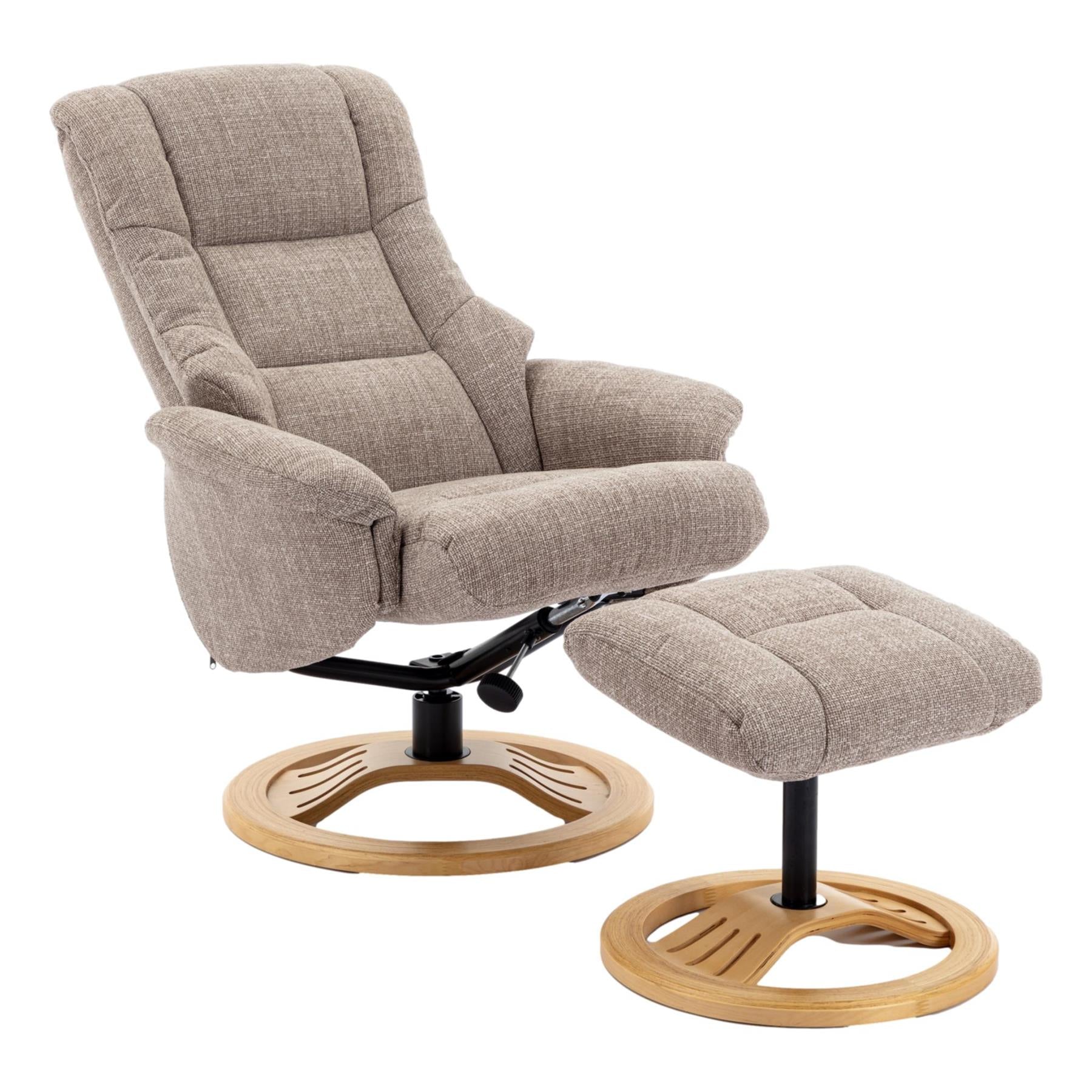The Mandalay Swivel Recliner Chair & Footstool in ChaCha Oat Fabric - Refurbished
