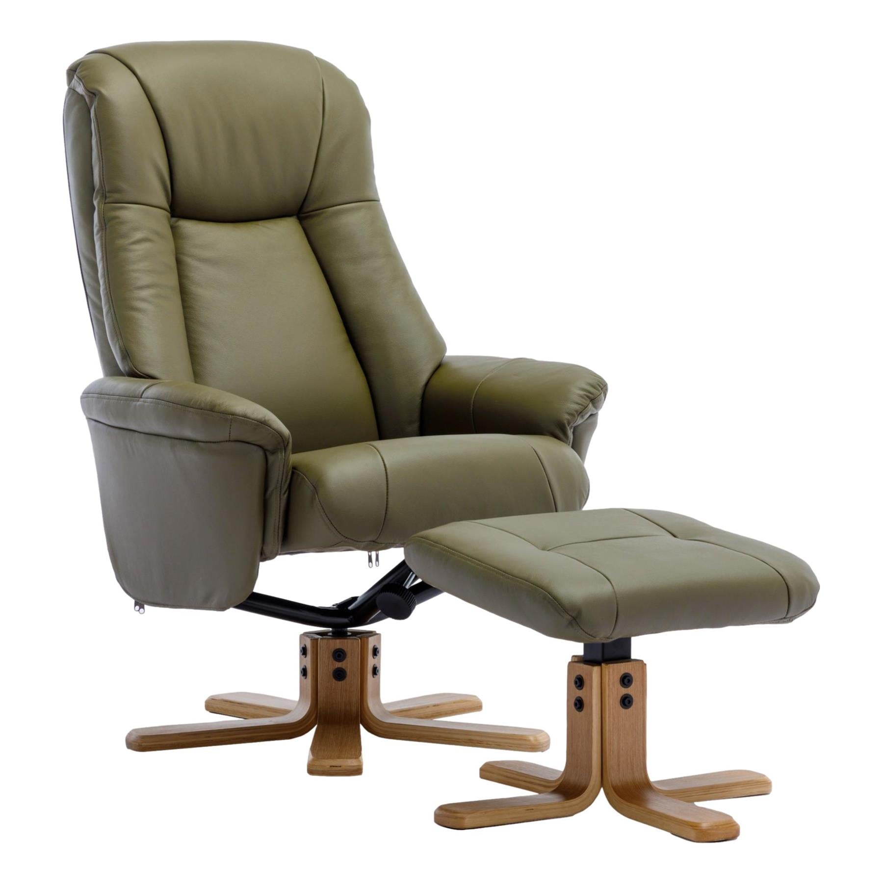 Hawaii Swivel Recliner Chair & Matching Footstool in Olive Green Genuine Leather - Refurbished