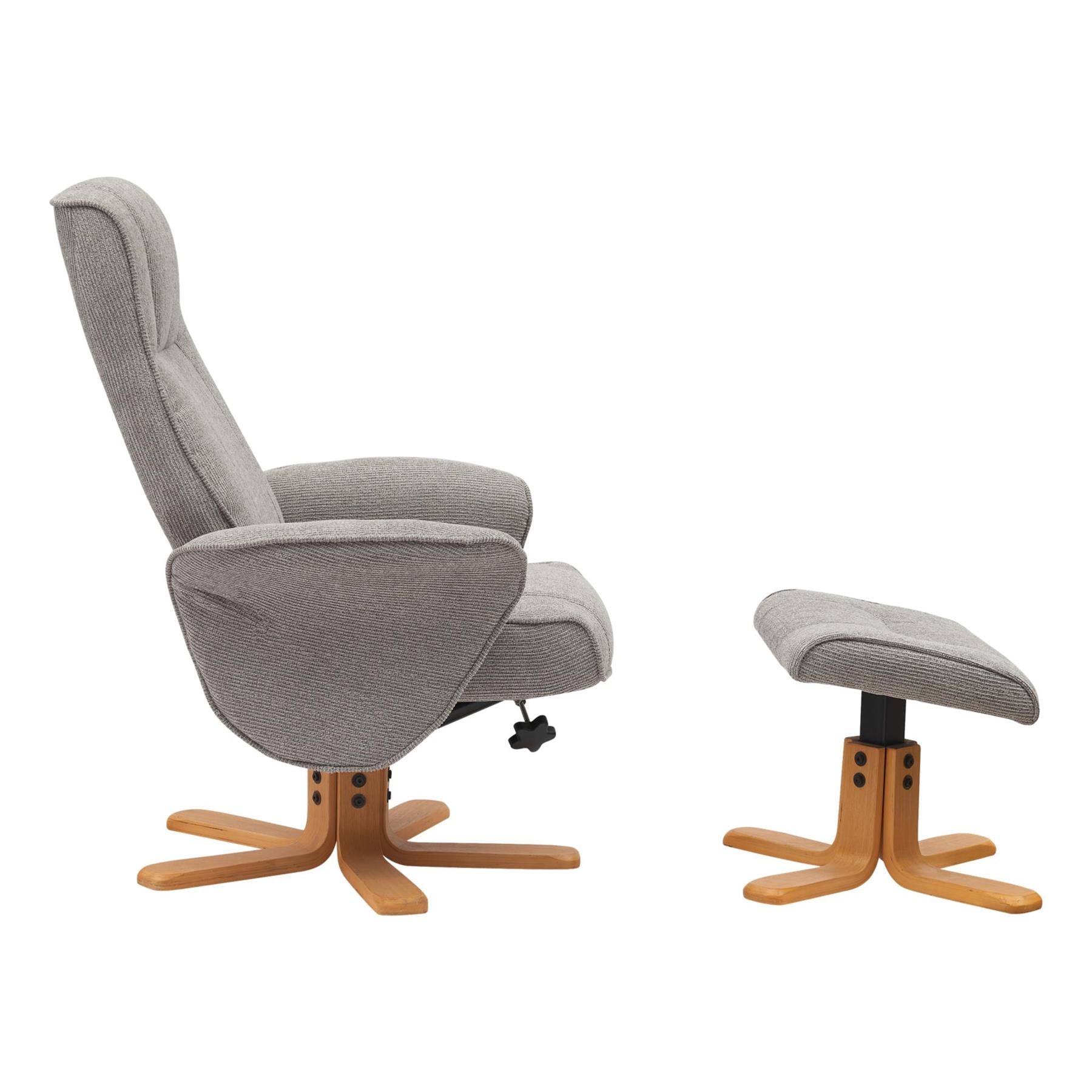 The Missouri Swivel Recliner Chair & Matching Footstool in Lunar Fabric