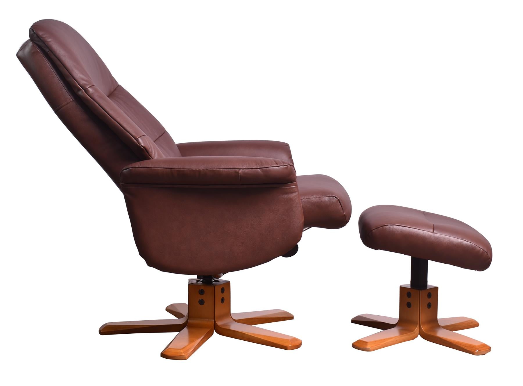 The Kansas Genuine Leather Swivel Recliner Chair in Chestnut with Cherry Wood base - Refurbished