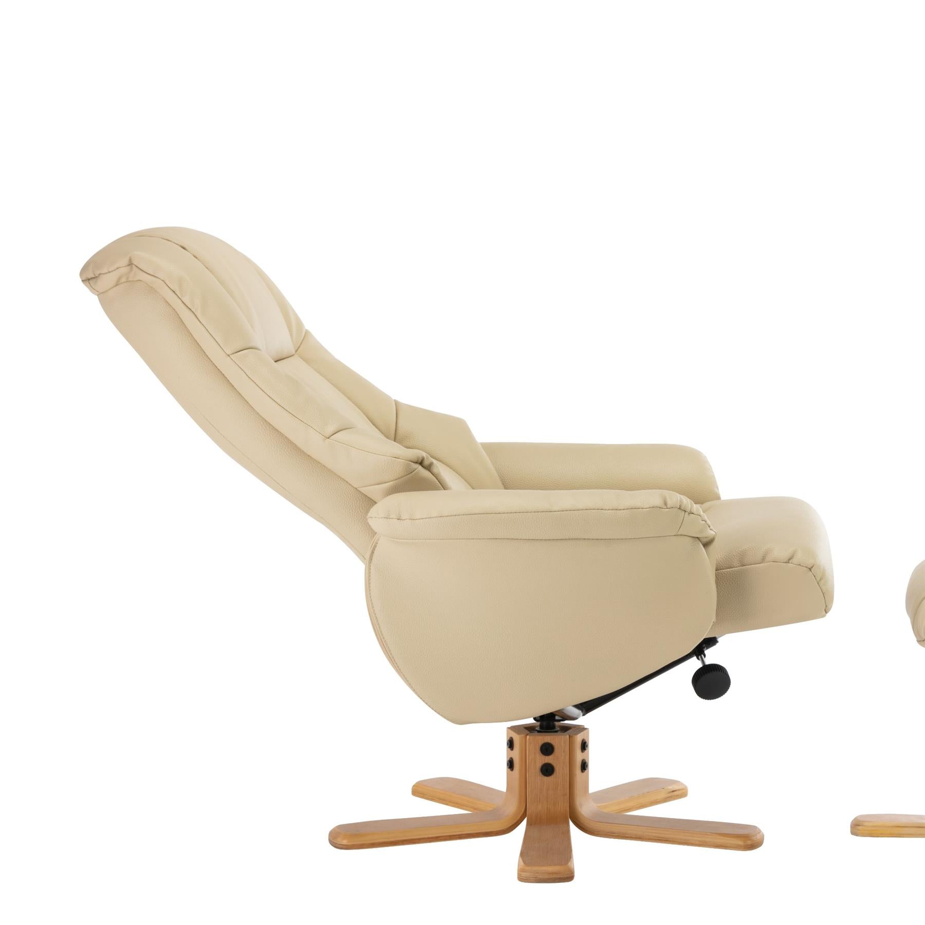 Cairo Swivel Recliner Chair & Footstool in Cream Plush Faux Leather - Clearance
