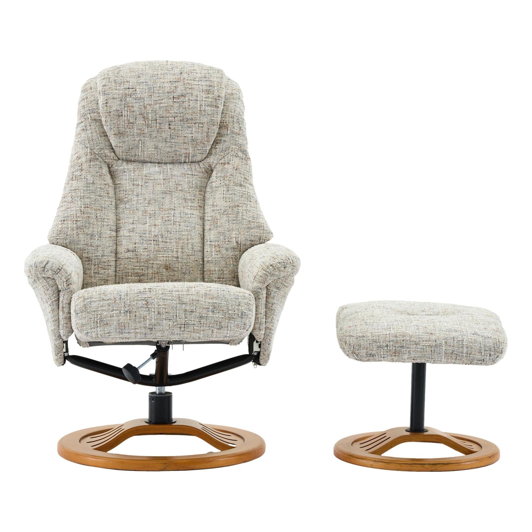 Aruba Swivel Recliner Chair in Frost Cream Fabric with Matching Footstool