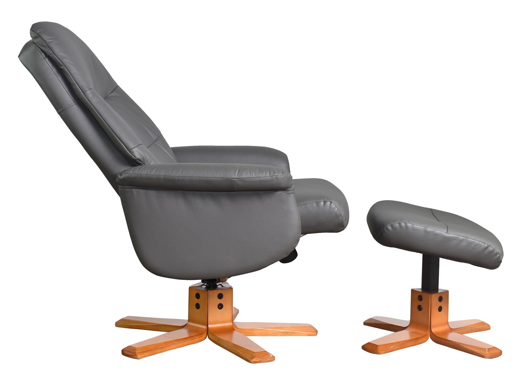 The Kansas Genuine Leather Swivel Recliner Chair in Charcoal with Cherry Wood base - Refurbished