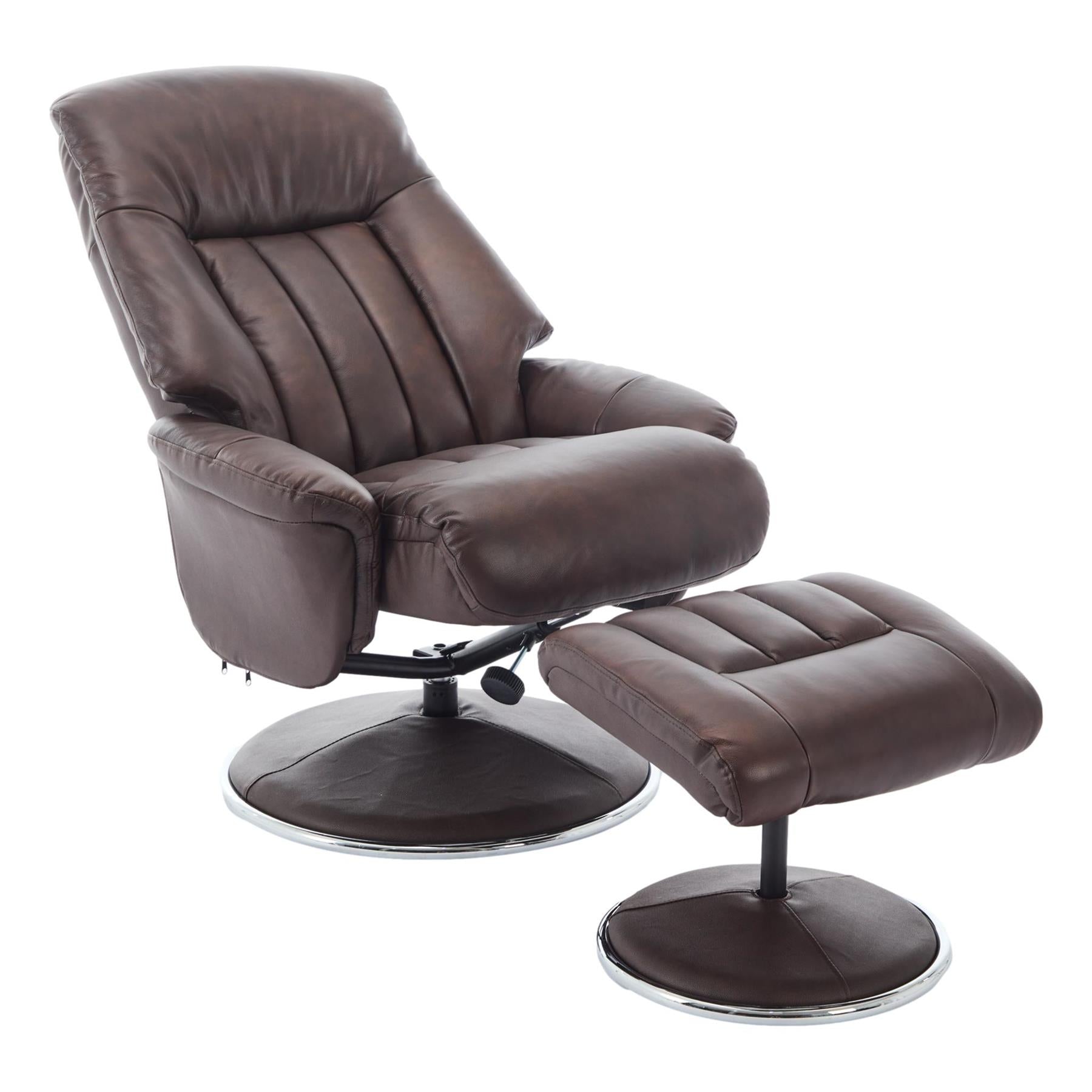 The Lyon - Genuine Leather Swivel Recliner Chair & Footstool in Brown - Refurbished
