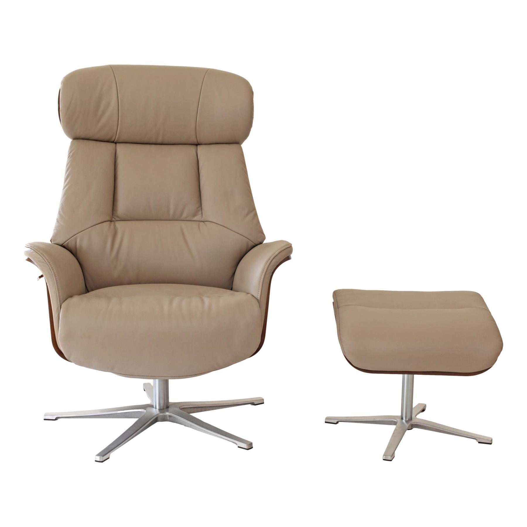 Stratford Swivel Recliner Chair in Genuine Pebble Leather with Matching Footstool