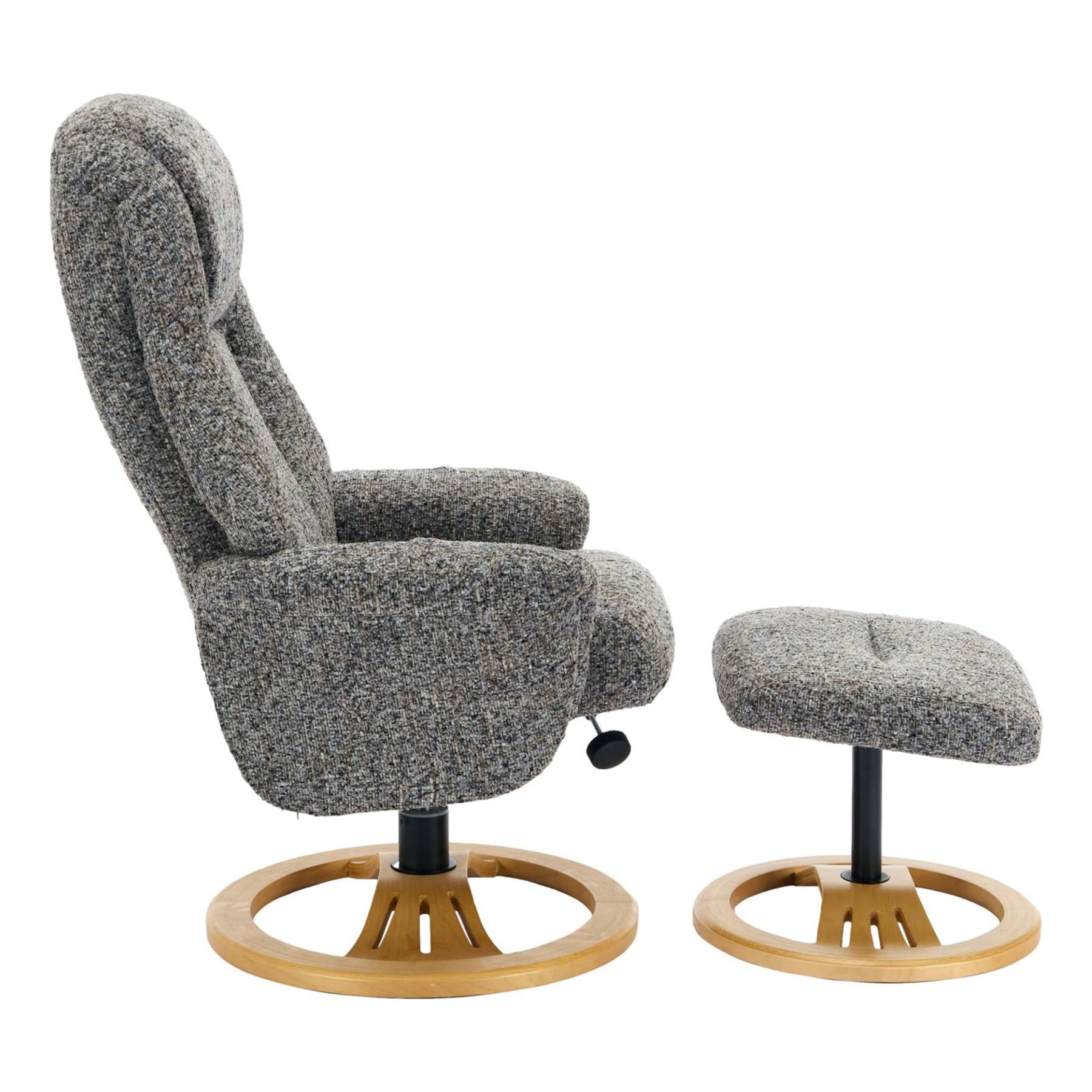 Aruba Swivel Recliner Chair in Muscari Grey Fabric with Matching Footstool