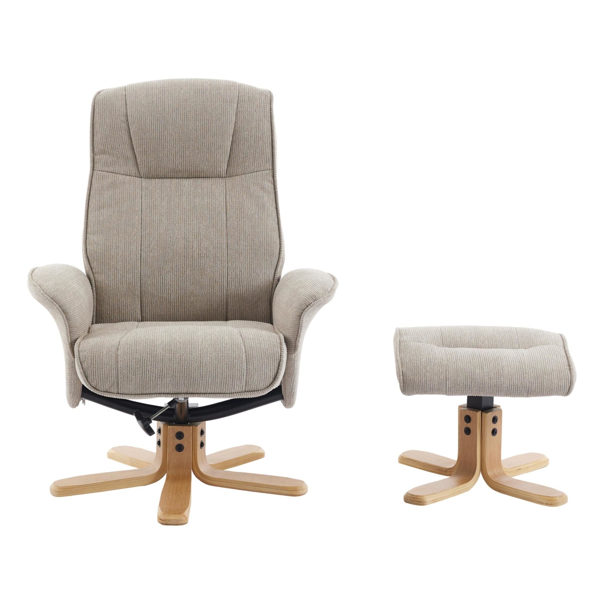 The Missouri Swivel Recliner Chair & Matching Footstool in Camel Fabric