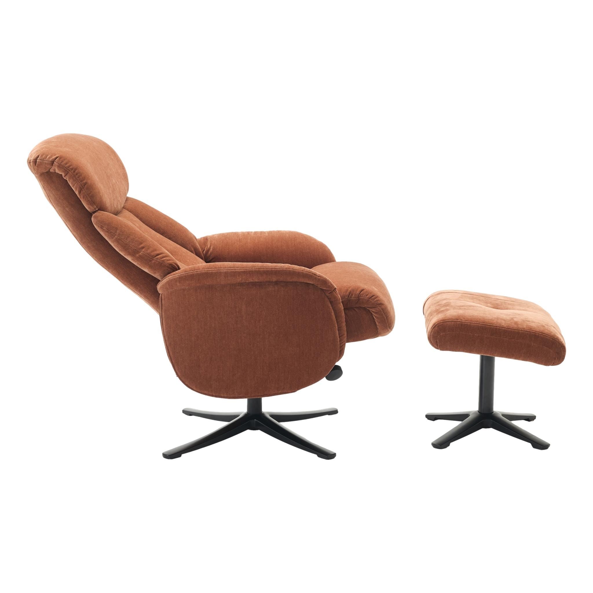 The Lucia Swivel Recliner Chair & Footstool in Caramel Brown Fabric