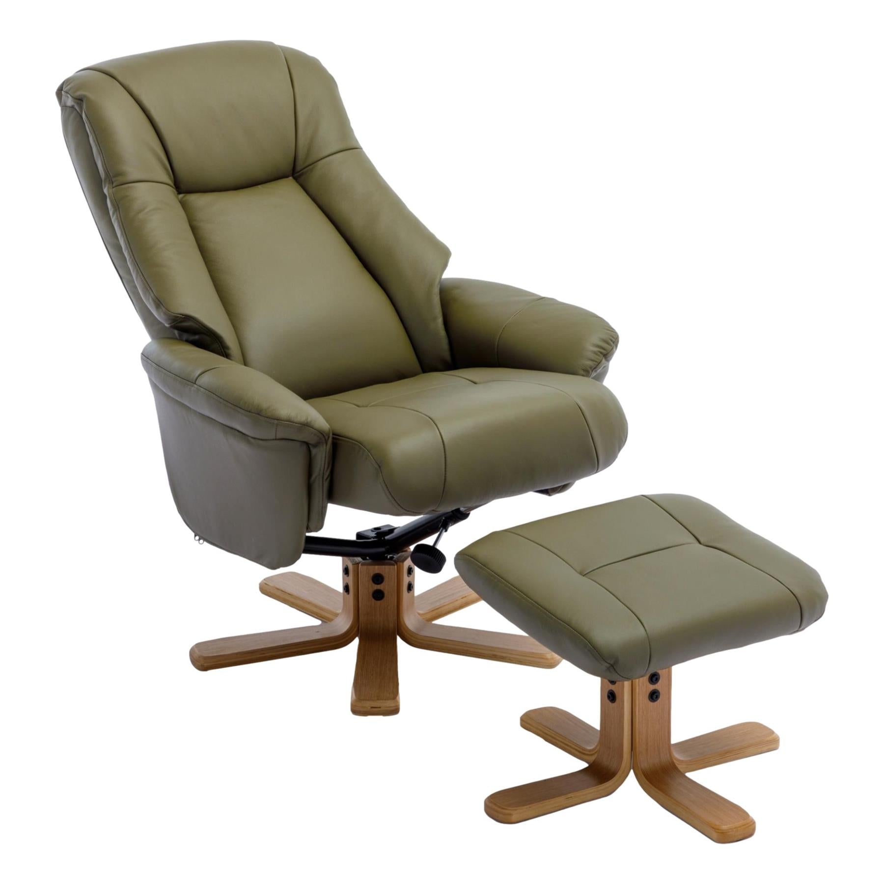 Hawaii Swivel Recliner Chair & Matching Footstool in Olive Green Genuine Leather - Refurbished