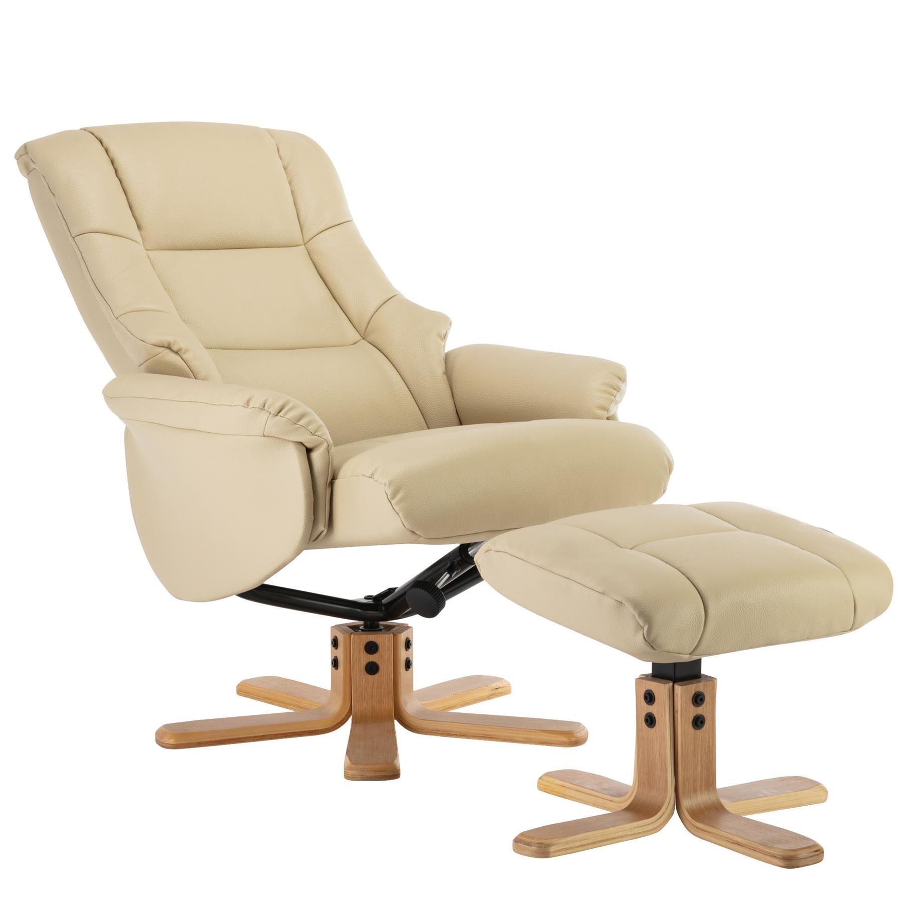 Cairo Swivel Recliner Chair & Footstool in Cream Plush Faux Leather - Clearance