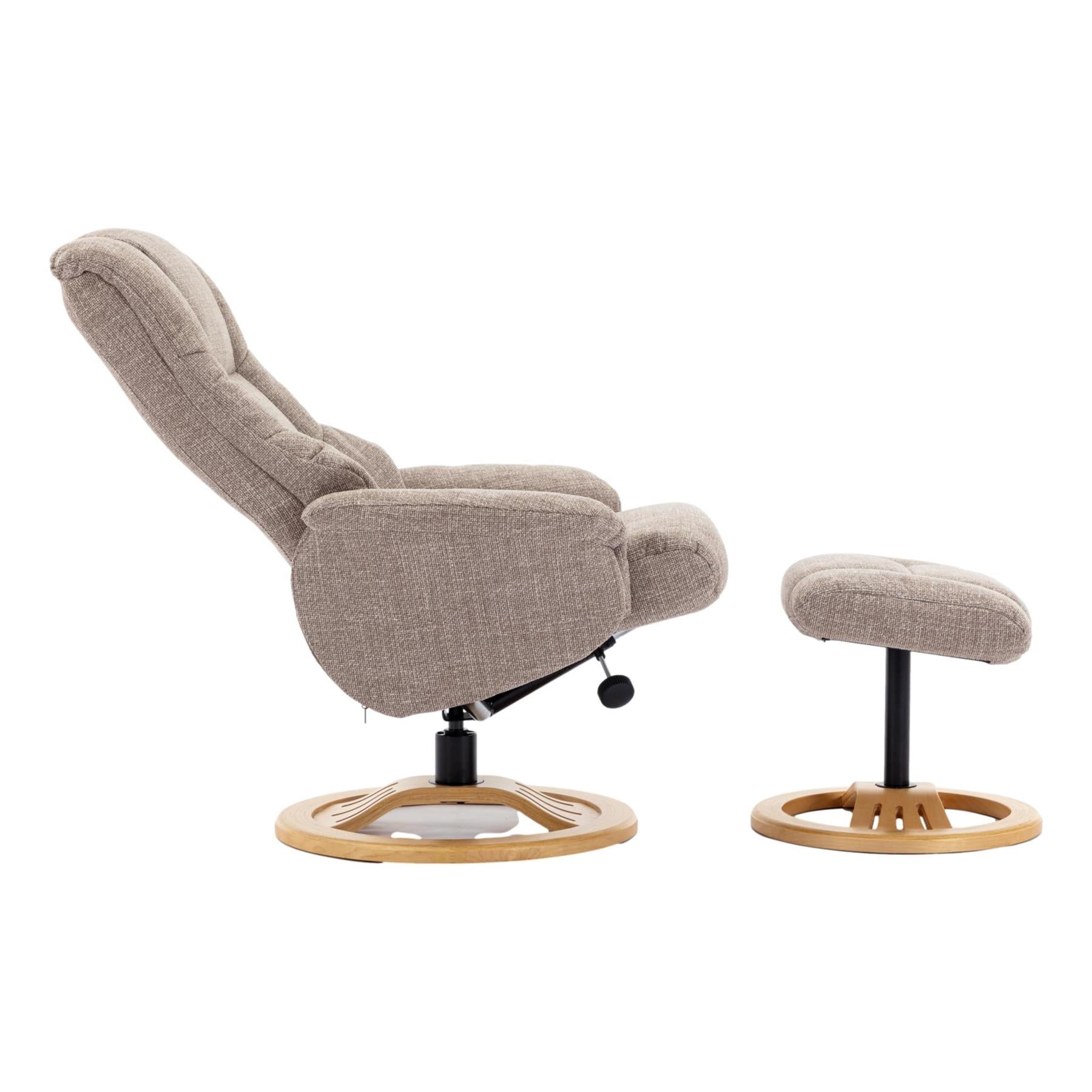 The Mandalay Swivel Recliner Chair & Footstool in ChaCha Oat Fabric - Refurbished