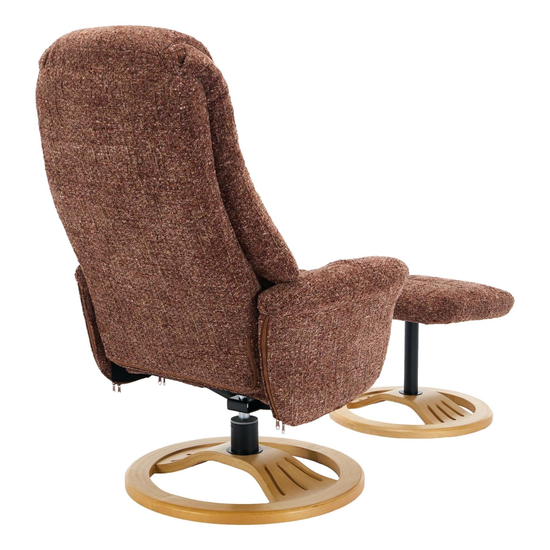 Aruba Swivel Recliner Chair in Copperblush Brown Fabric with Matching Footstool