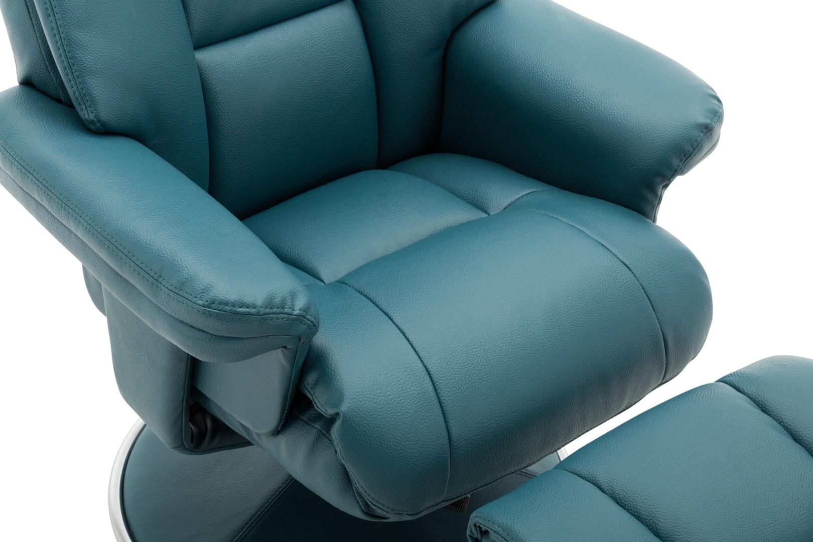 Biarritz Plush Faux Leather Swivel Recliner Chair & Matching Footstool In Lagoon - Refurbished