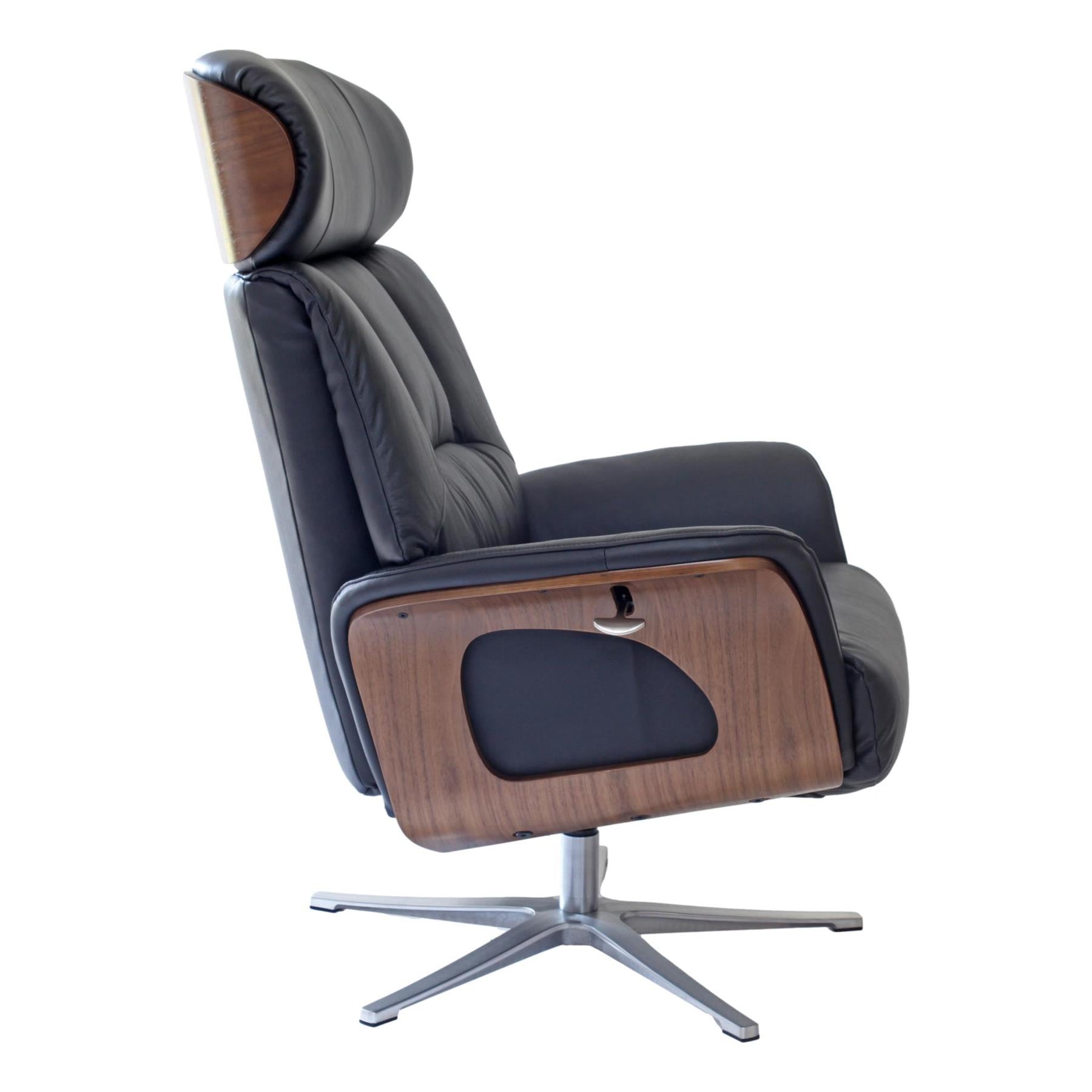 Stratford Swivel Recliner Chair in Genuine Black Leather with Matching Footstool