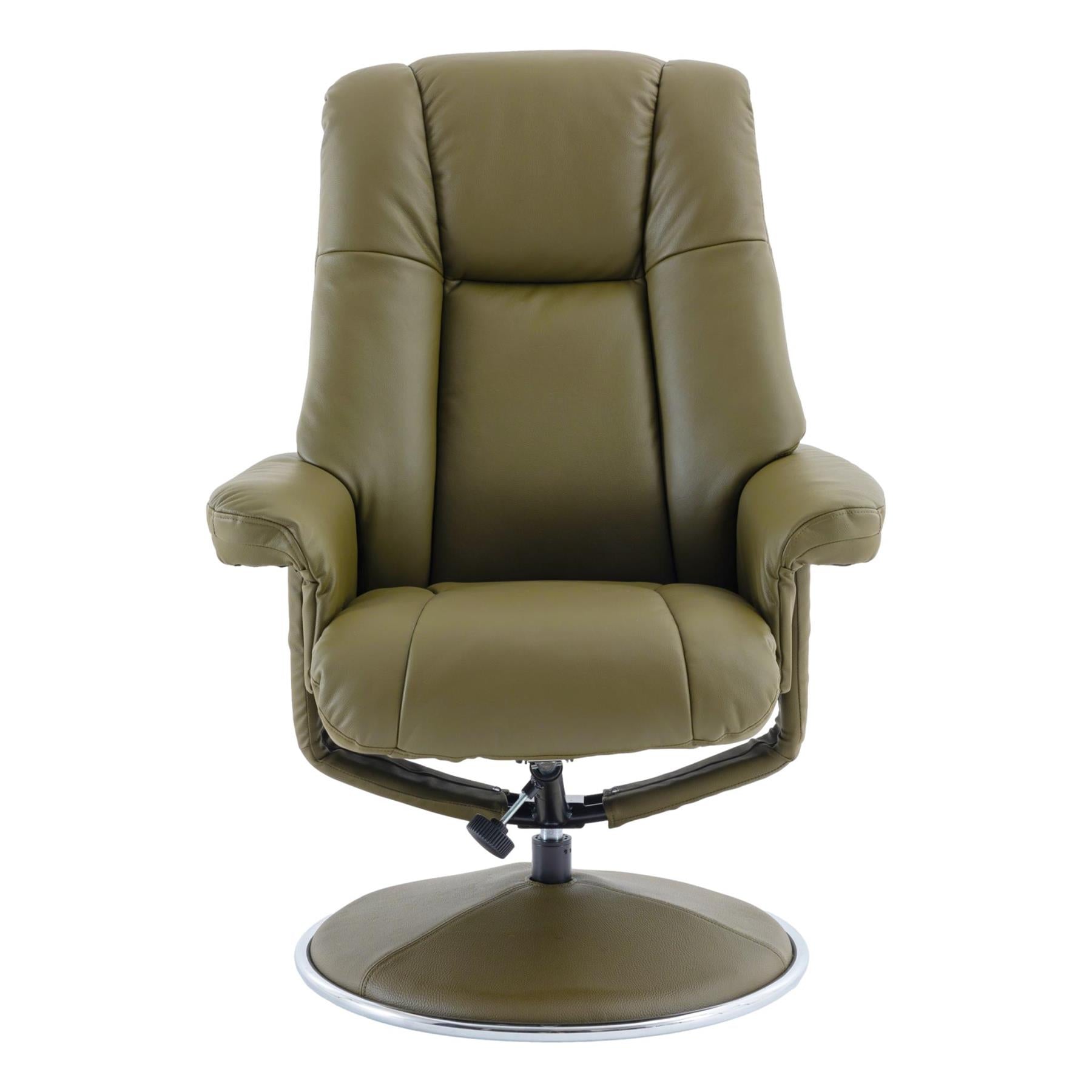The Denver - Swivel Recliner Chair & Footstool in Olive Green Genuine Leather - Refurbished