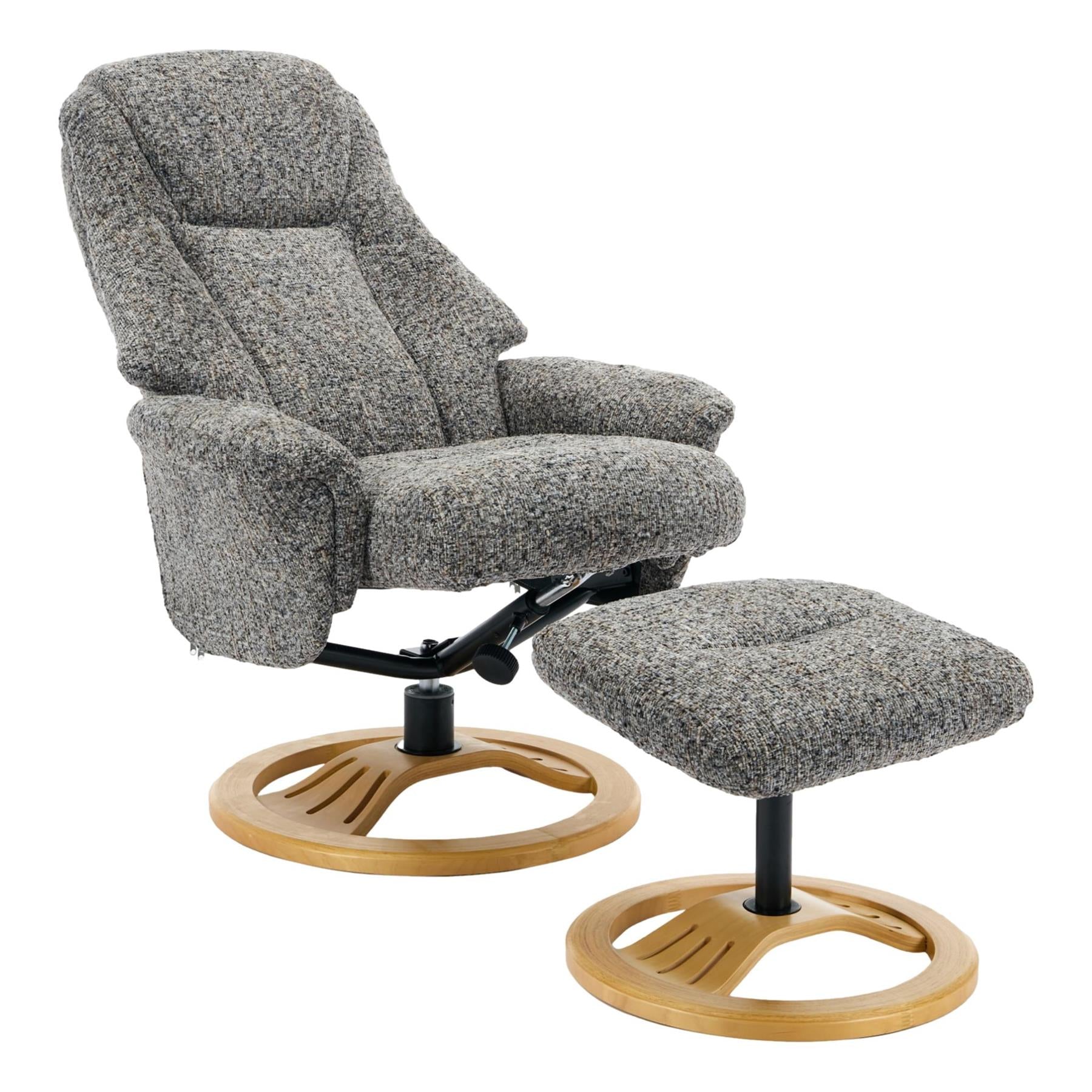 Aruba Swivel Recliner Chair in Muscari Grey Fabric with Matching Footstool