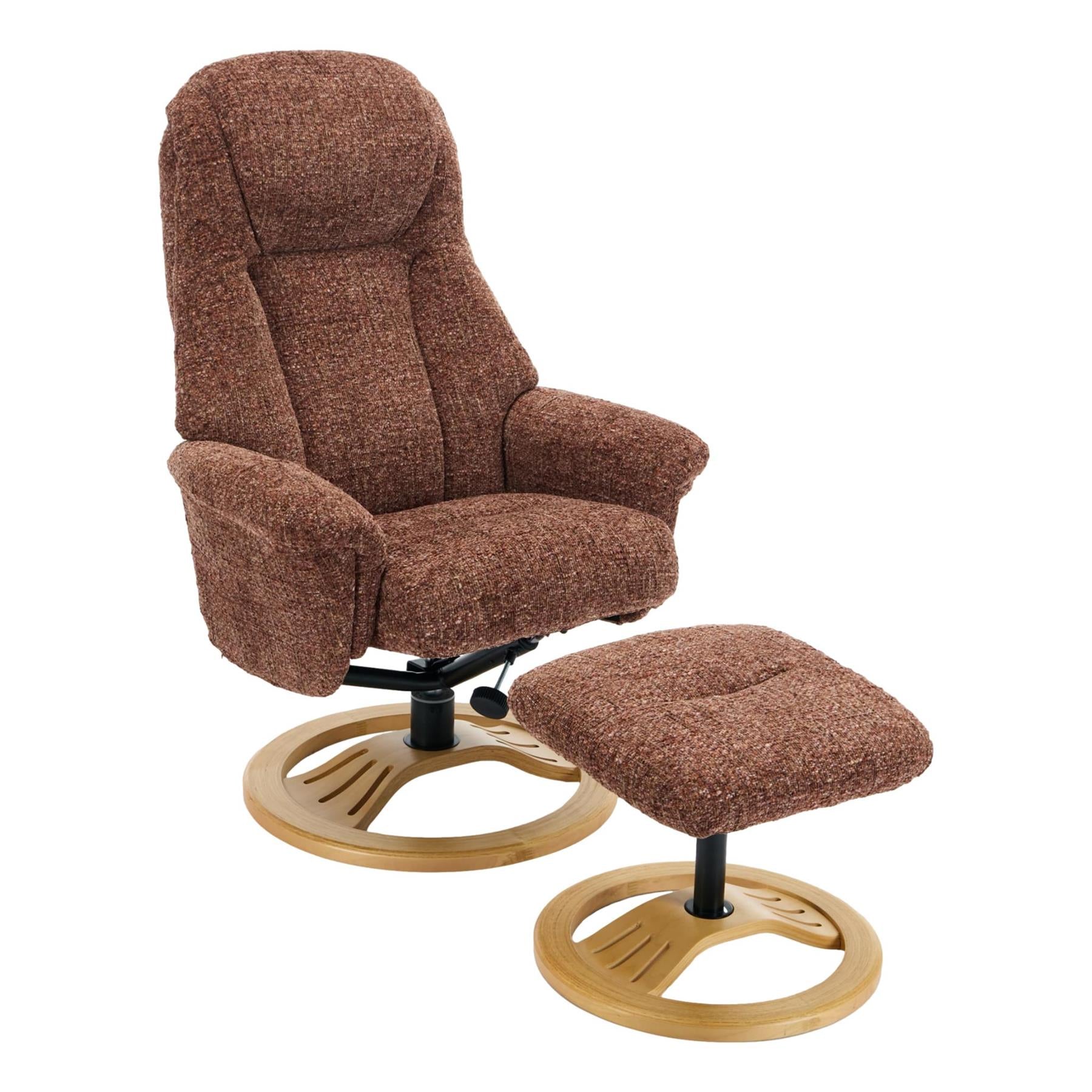 Aruba Swivel Recliner Chair in Copperblush Brown Fabric with Matching Footstool