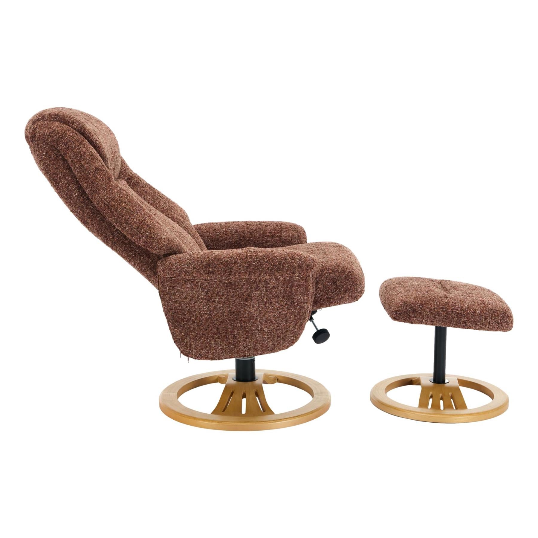 Aruba Swivel Recliner Chair in Copperblush Brown Fabric with Matching Footstool