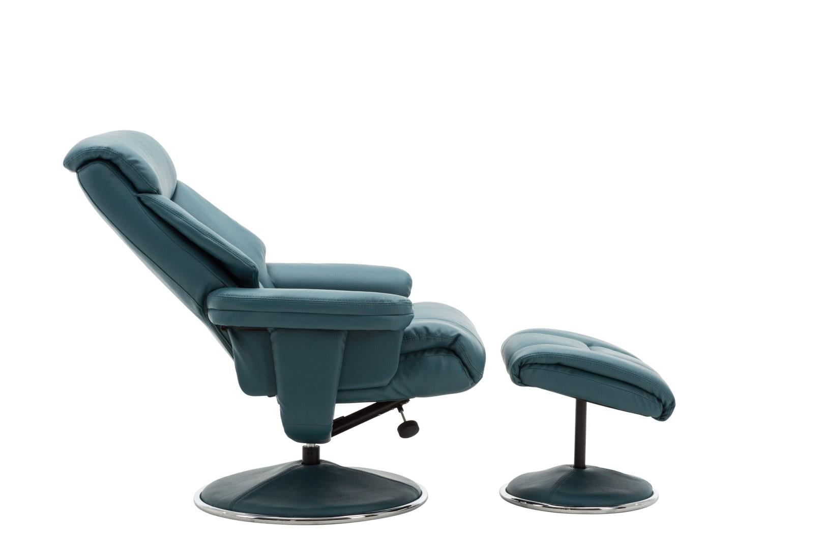 Biarritz Plush Faux Leather Swivel Recliner Chair & Matching Footstool In Lagoon - Refurbished