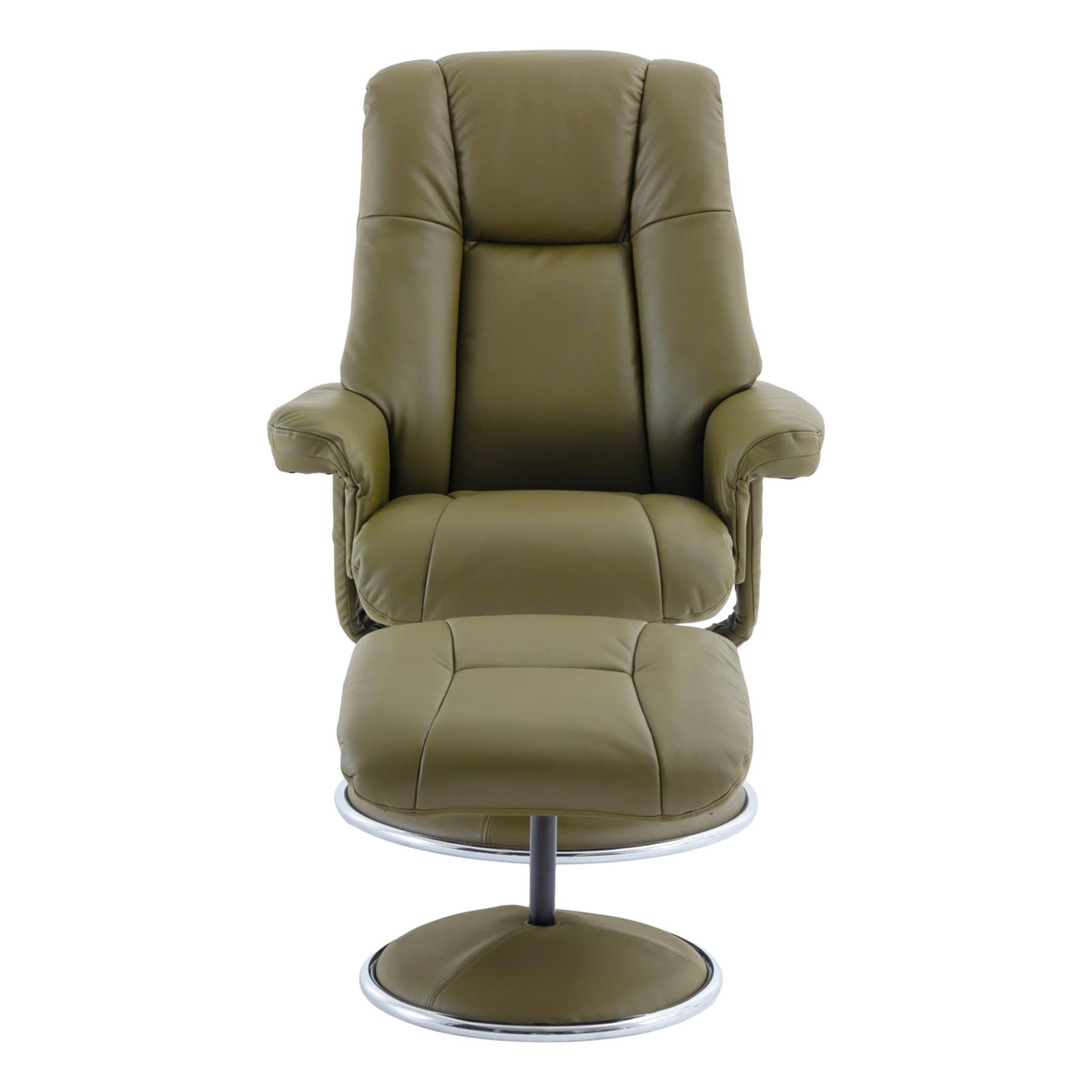 The Denver - Swivel Recliner Chair & Footstool in Olive Green Genuine Leather - Refurbished