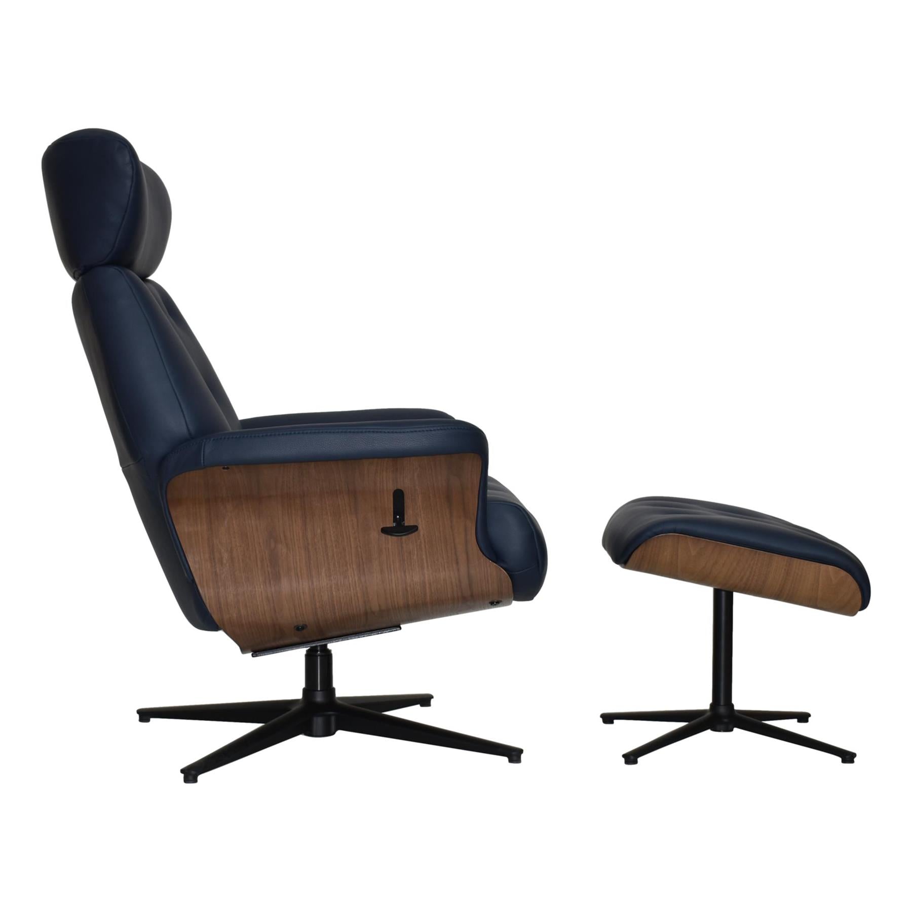 The Nordic - Luxury Premium Swivel Recliner - Walnut & Navy Genuine Leather Chair with Matching Footstool - Refurbished