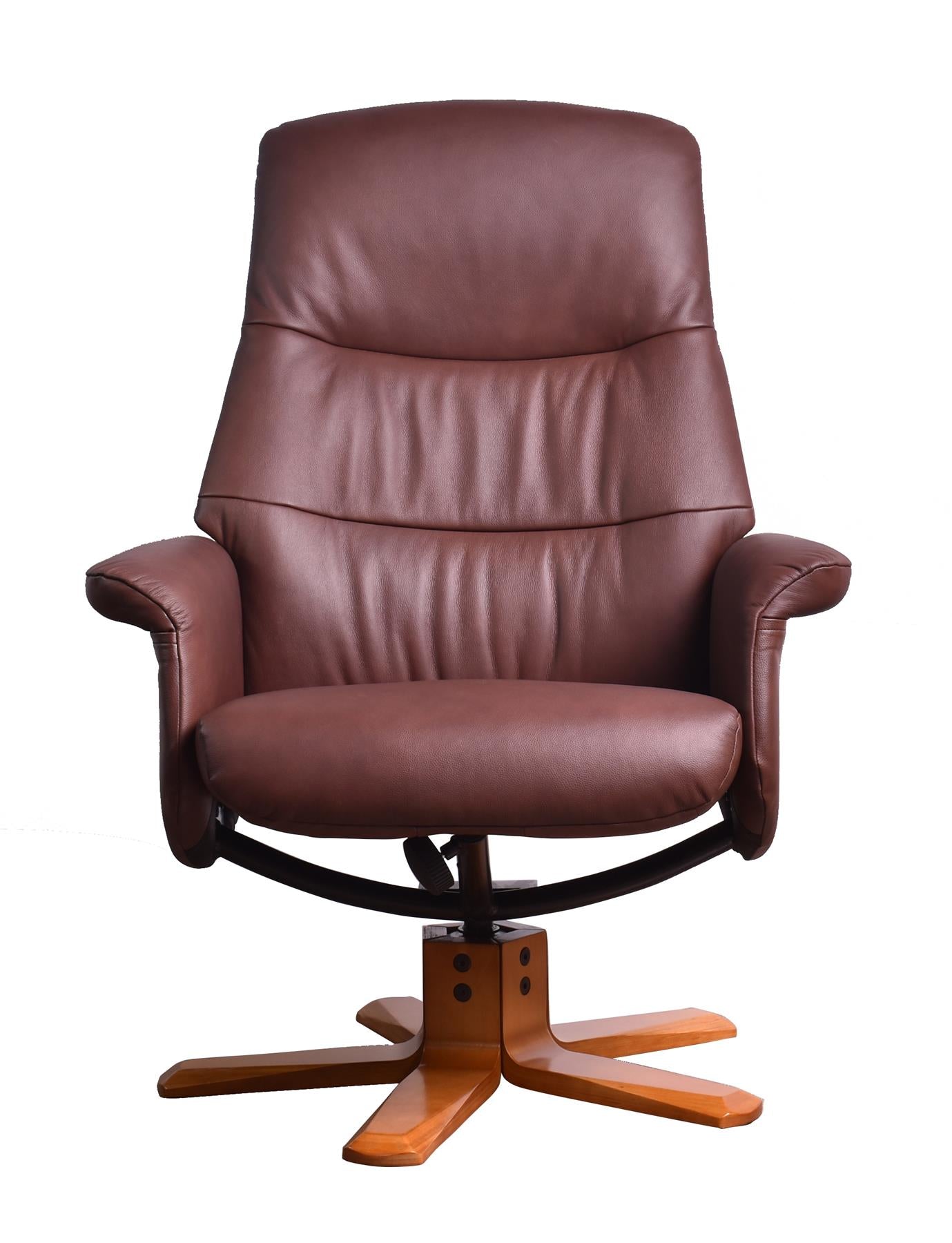 The Kansas Genuine Leather Swivel Recliner Chair in Chestnut with Cherry Wood base - Refurbished