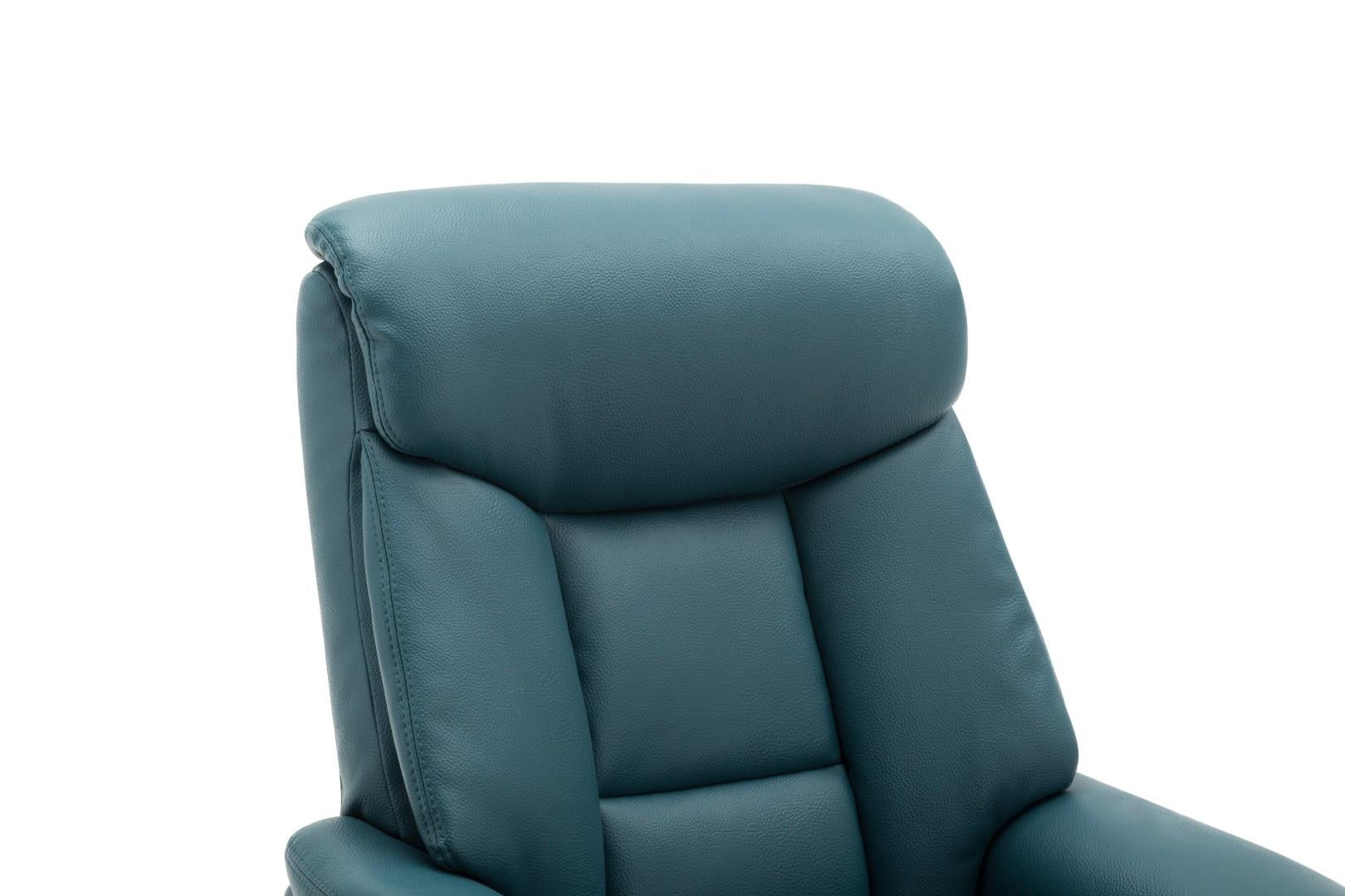 Biarritz Plush Faux Leather Swivel Recliner Chair & Matching Footstool In Lagoon - Refurbished