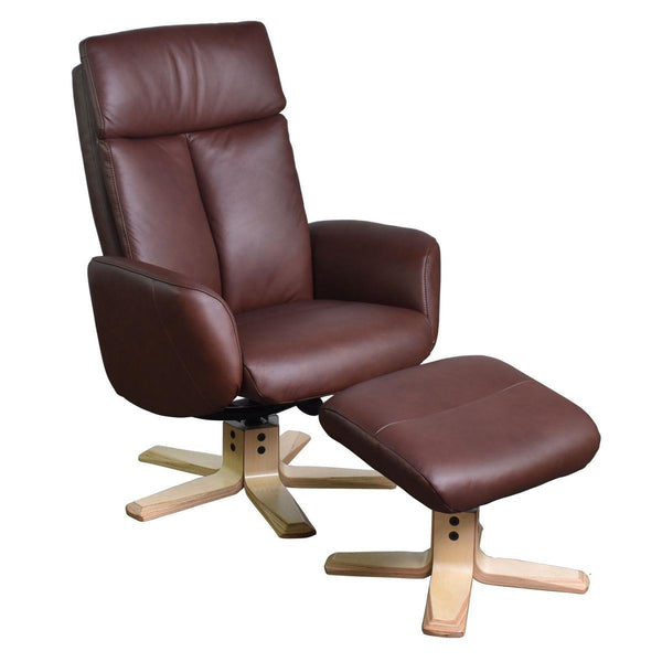 The Dakota Swivel Recliner Chair in Chestnut Genuine Leather and Pale Wood base.