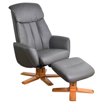 The Indiana Swivel Recliner Chair in Charcoal Genuine Leather and Cherry base.