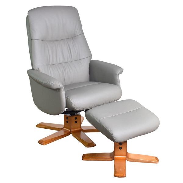 The Kansas Swivel Recliner Chair in Husky Genuine Leather and Cherry base.